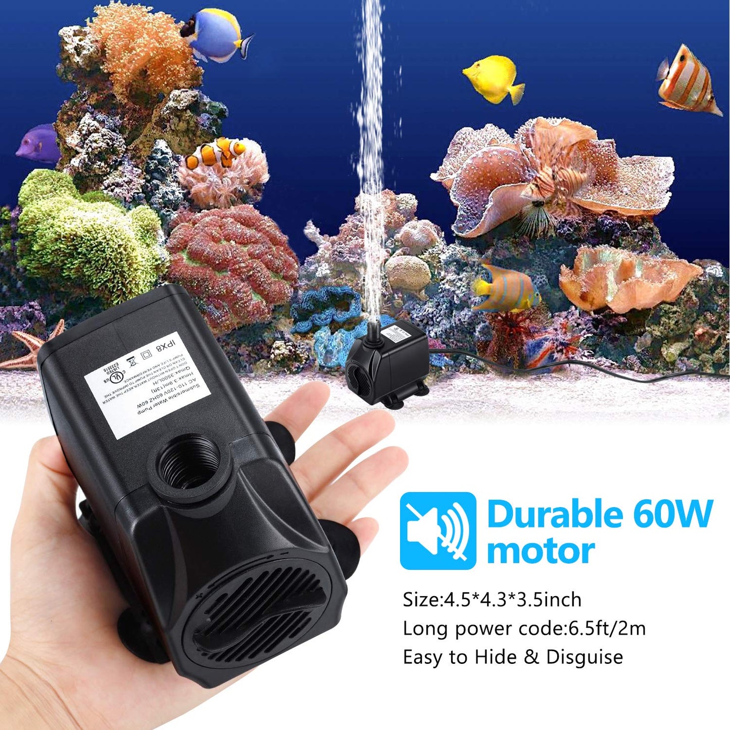 CWKJ Fountain Pump, 880GPH Submersible Water Pump, Durable 60W Outdoor Fountain Water Pump with 6.5ft Tubing (ID x 1/2-Inch), 3 Nozzles for Aquarium, Pond, Fish Tank, Water Pump Hydroponics, Fountain