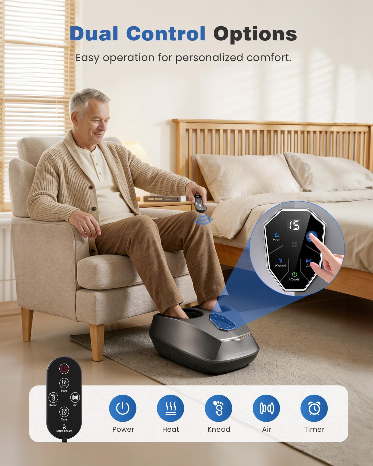 KING RELAX Shiatsu Foot Massager with Heat, 2026 Upgraded Deep Kneading and Squeeze Massage for Plantar Fasciitis, LCD Touch Panel & Remote Control, Modern Sculpted Design, Fits Up to Men Size 14 Gray