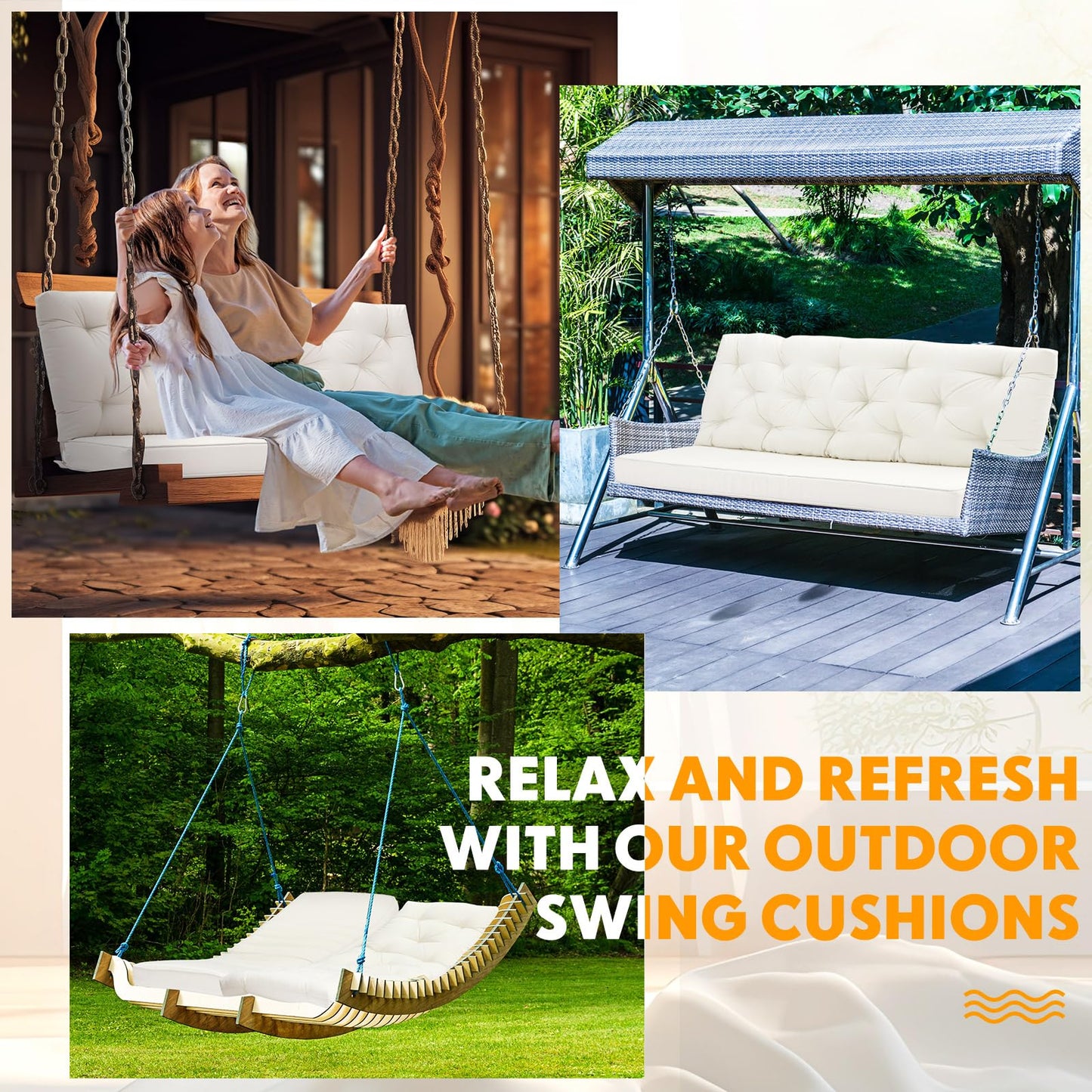 Wenqik 2-3 Seater Porch Swing Cushions with Backrest 60 x 40 x 4 Inch Thick Outdoor Waterproof Bench Pad Patio Swing Replacement Cushion, Split Design, Soft for Garden, Lawn, Backyard(Natural White)