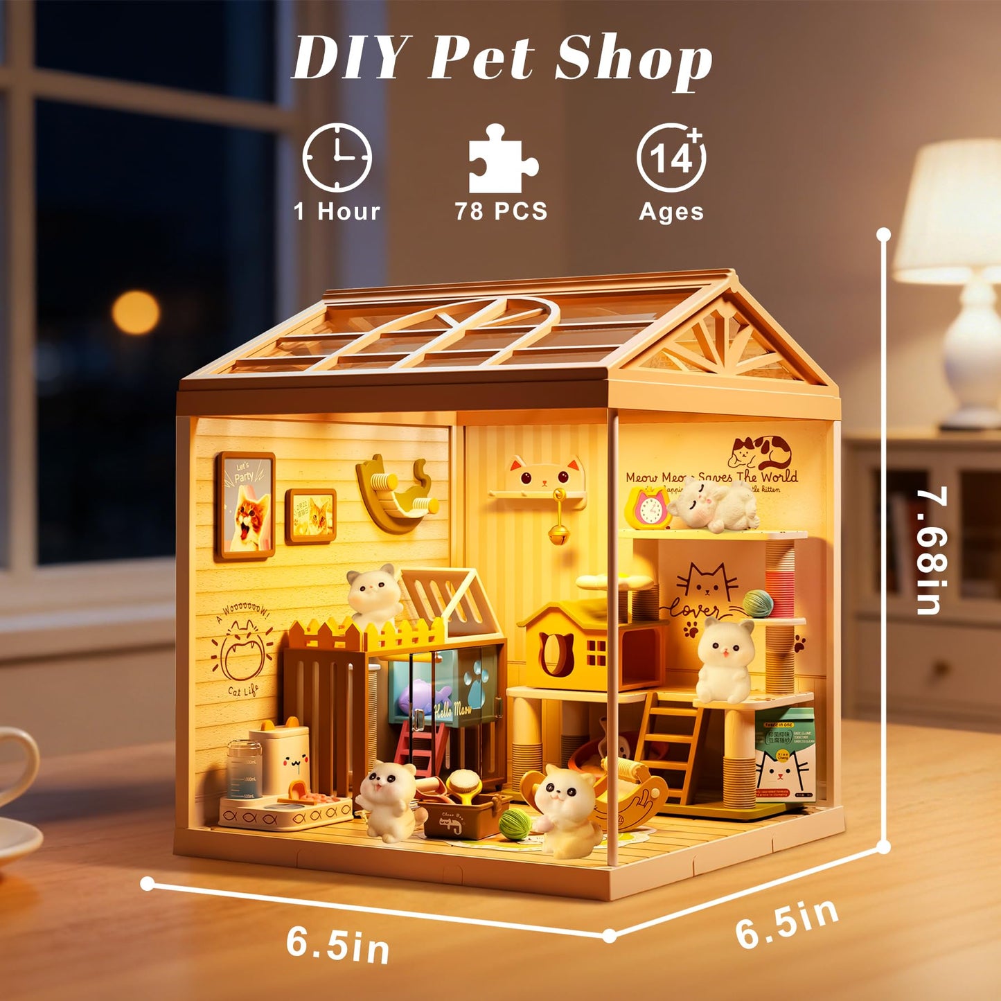 Loyratche DIY Pet Cat Miniature House Kit, Mini Dollhouse with Furniture & LED Light with Roof & Dust Covers Tiny House Toy for Adults