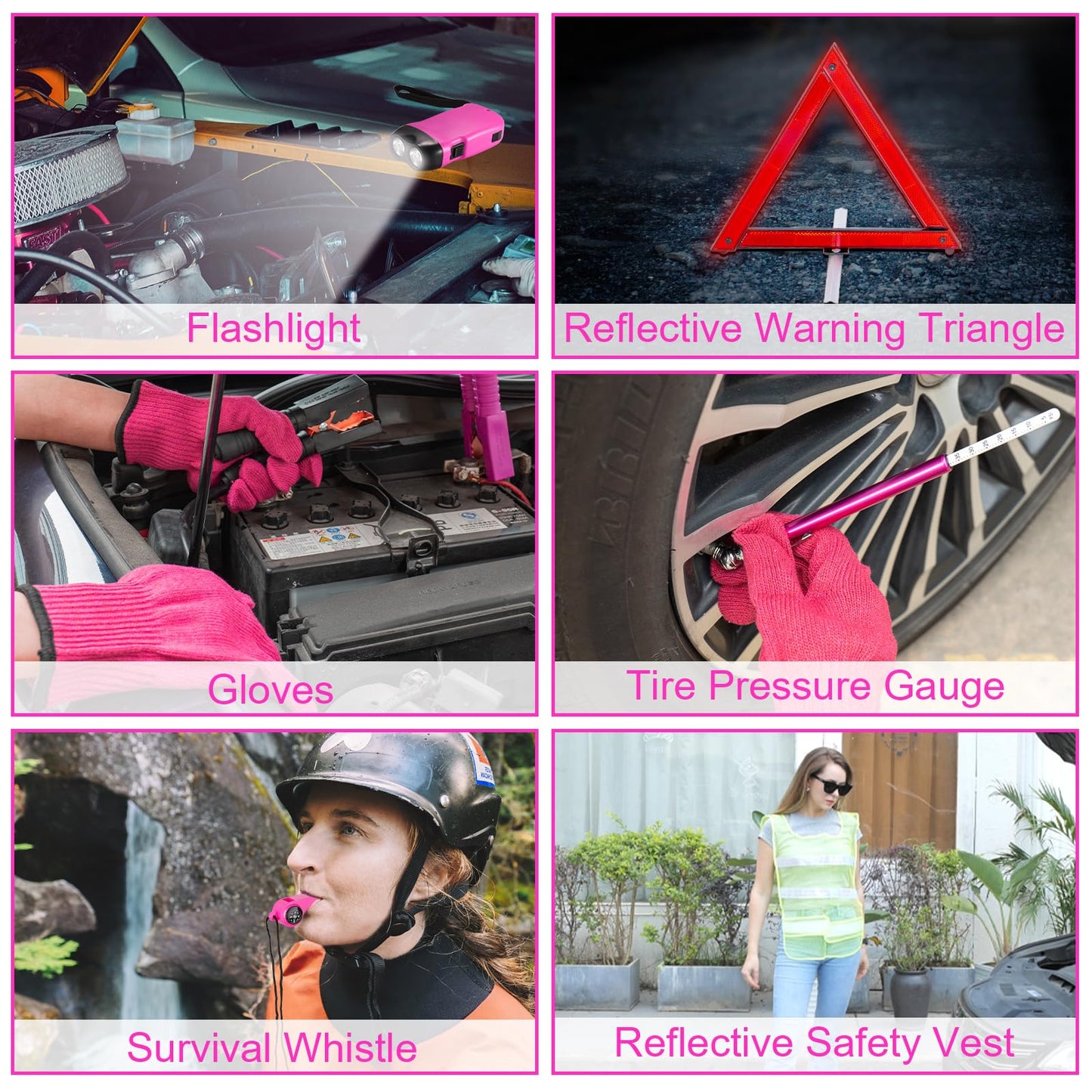 CALBEAU Roadside Emergency Car Kit for Vehicles, Pink Emergency Roadside Assistance kit with Car First Aid Kit, Thoughtful Car Emergency Kit for Women, Men, New Drivers and Adventurers Gifts