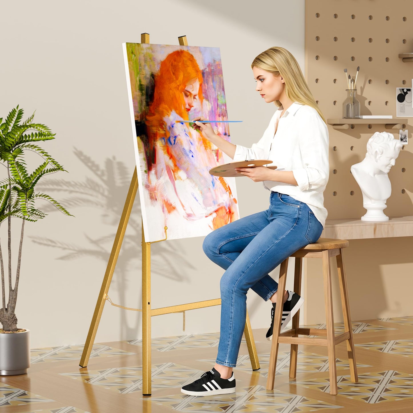 Gold Metal Easel Stand for Sign,Heavy Duty Art Easel with Adjustable Chain,Tripod Structure,4-Level Height—Easels for Wedding Welcome Sign Holder,Baby Shower Poster,Birthday Party,Posters
