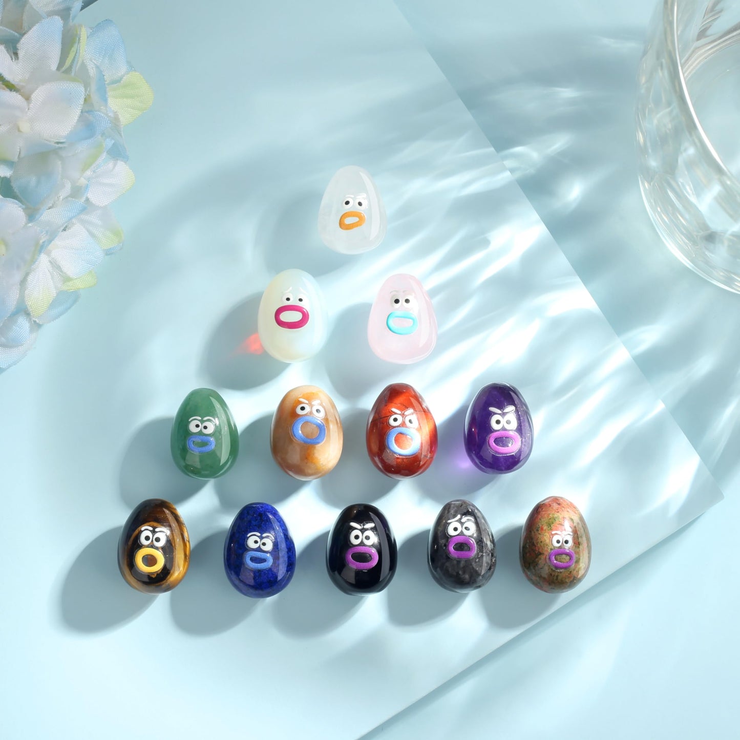 XIANNVXI Funny Emotion Polished Stone Gift 12pcs Cute Emoji Carving Egg Figurine Crystals Present Rock Natural Healing Crystals Stones Novel Mothers Day Graduation Birthday Gifts for Women Men