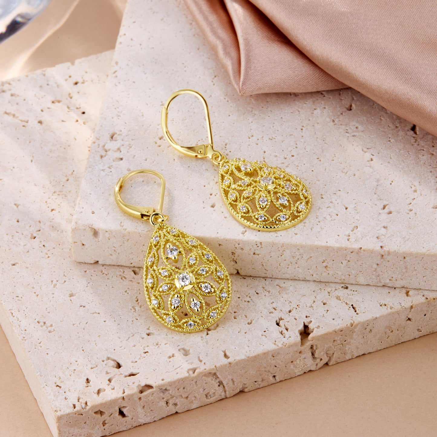 14K Gold Earrings for Women Trendy Filigree Teardrop Dangle Earrings Gold Hypoallergenic Leverback Cubic Zirconia Drop Earring for Jewelry Gifts