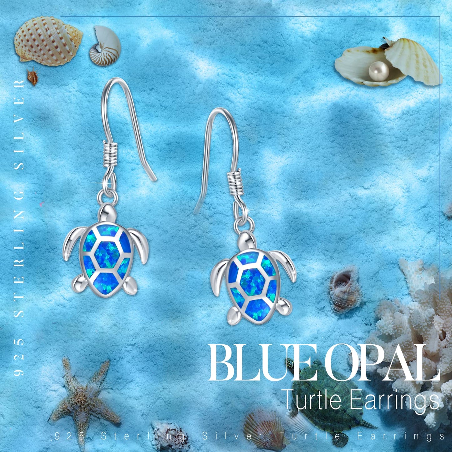 Sea Turtle Earrings,Sterling Silver Hawaiian Beach Themed Stud Earrings Tortoise Animals Drop Dangle Blue Opal Ocean Tarnish Resistant Jewelry Gifts for Women Girlfriend Mom Mother Sister (Leverback Turtle Earrings)