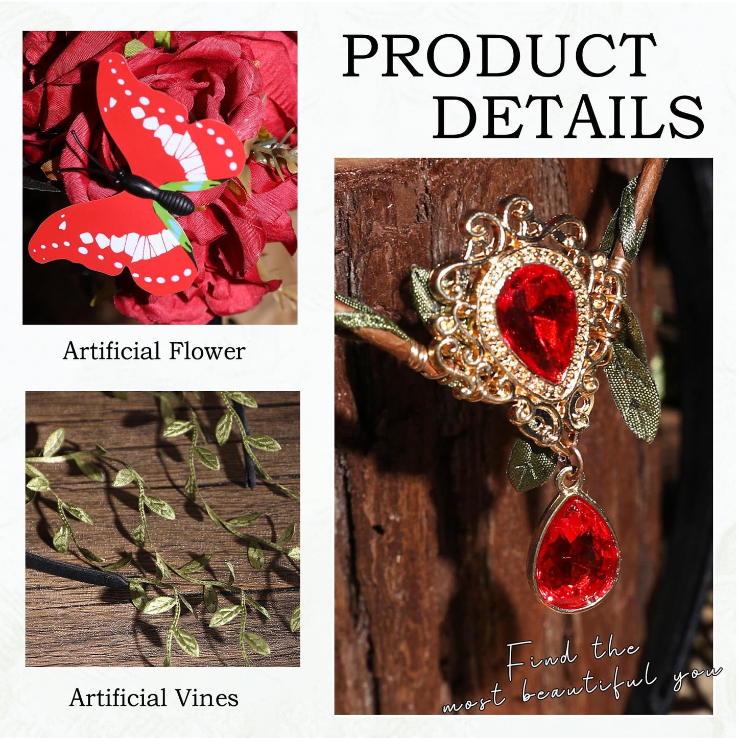 MOSTORY Red Fairy Flower Headpiece - Floral Elf Crown with Vines for Woodland Fairy Accessories Women, Forest Flower Headband with Butterflies for Renaissance Renfaire Cosplay