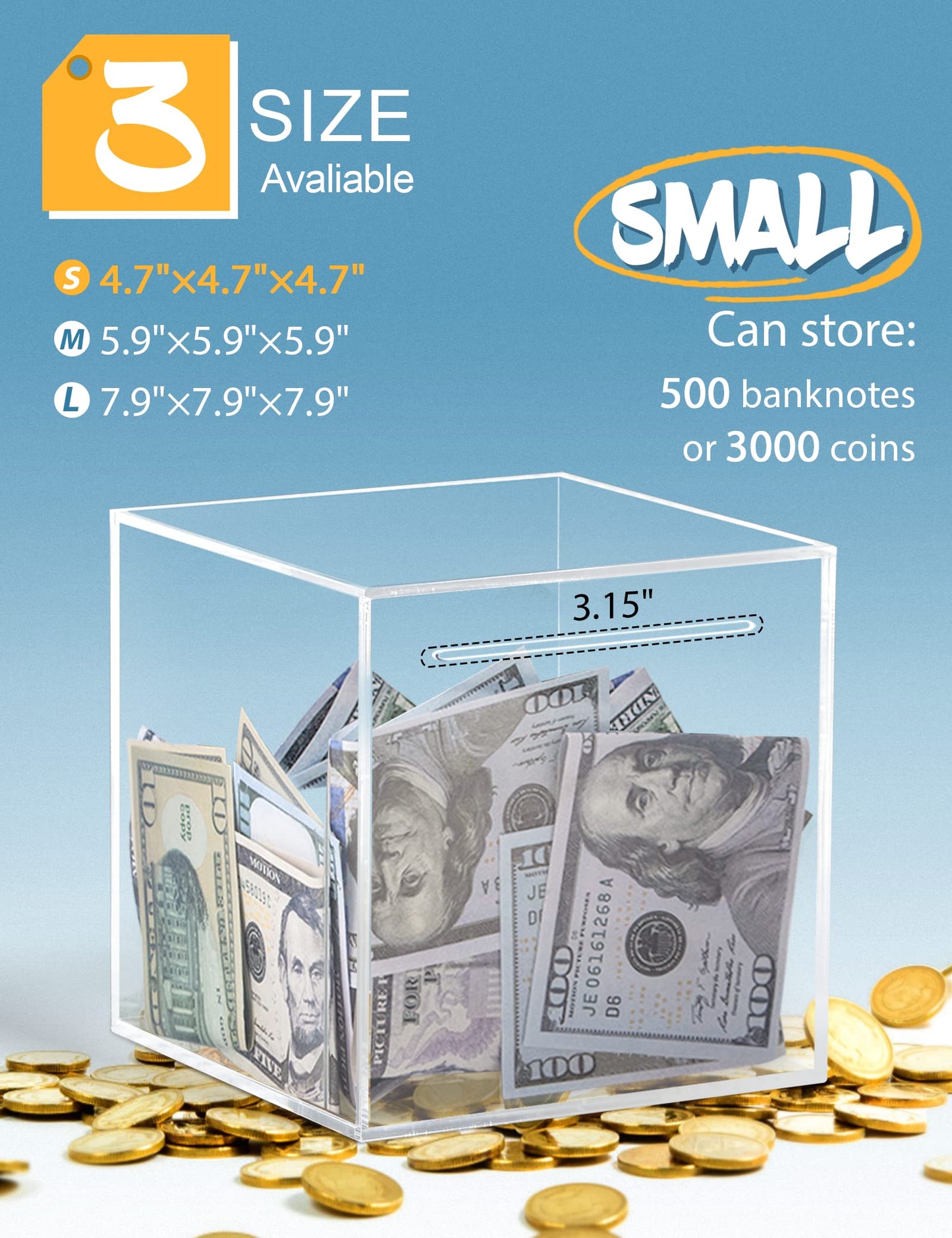 Kypeeka Clear Acrylic Piggy Bank for Adults Kids, Clear Money Saving Box Must Break to Open, Unopenable Piggy Bank for Cash Coins - 4.72"