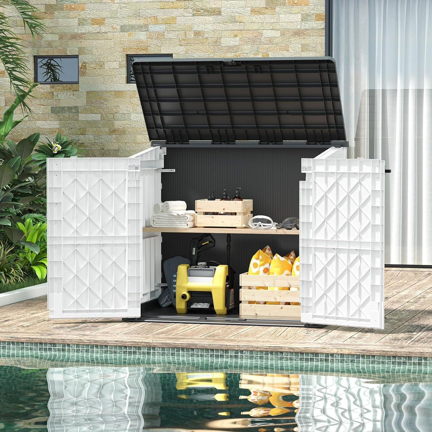 LHBGO Horizontal Storage Shed, Outdoor Resin Storage Shed 36 Cu. Ft. Garden Extra Large Capacity Weather Resistant Storage Box, Lockable Waterproof Shed for Garden Tools