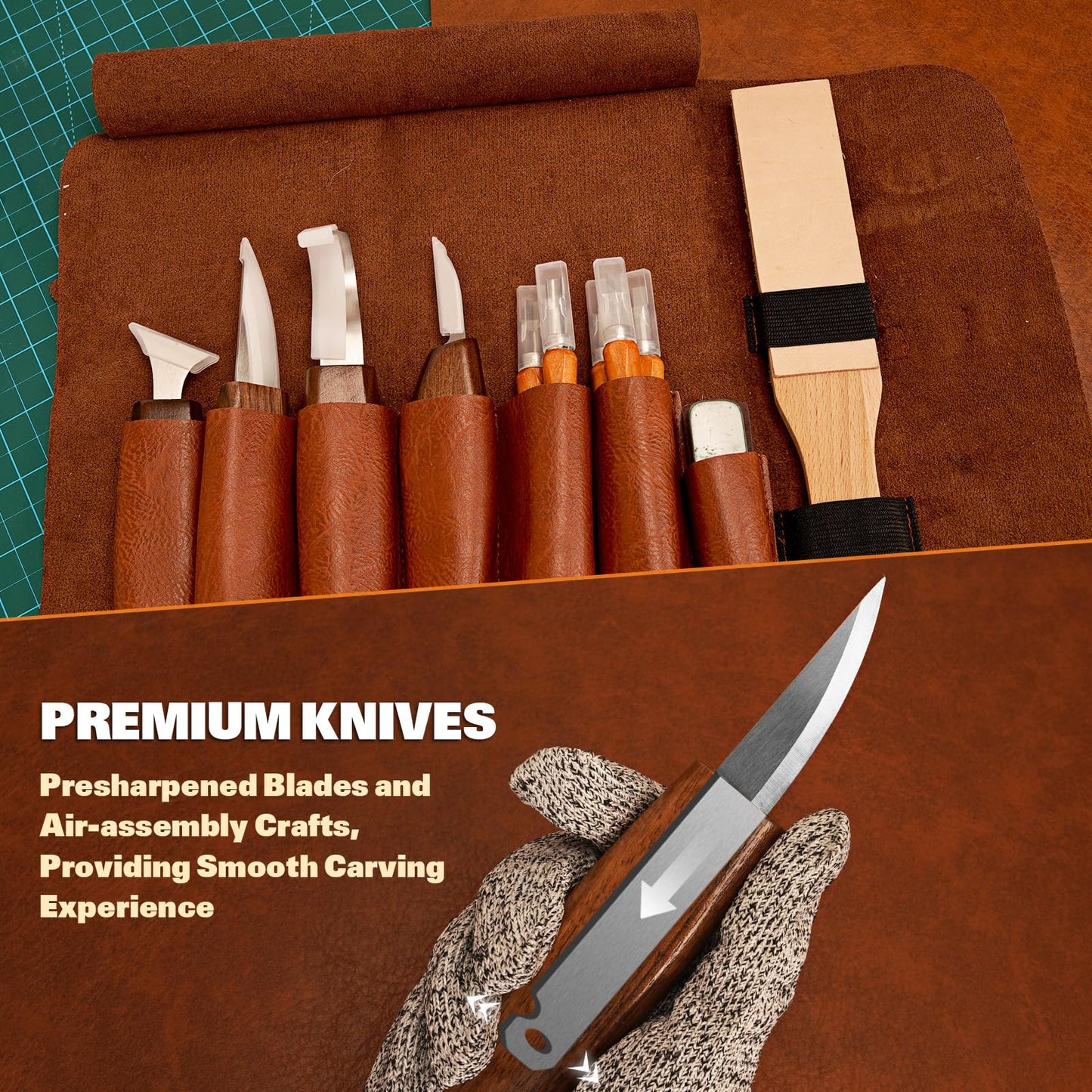 Wood Carving Kit, 32Pcs Wood Carving Tools with Storage Bag, Wood Whittling Knife Kit with 4pcs Templates & 11pcs Wood Carving Knives for Wood DIY Beginners
