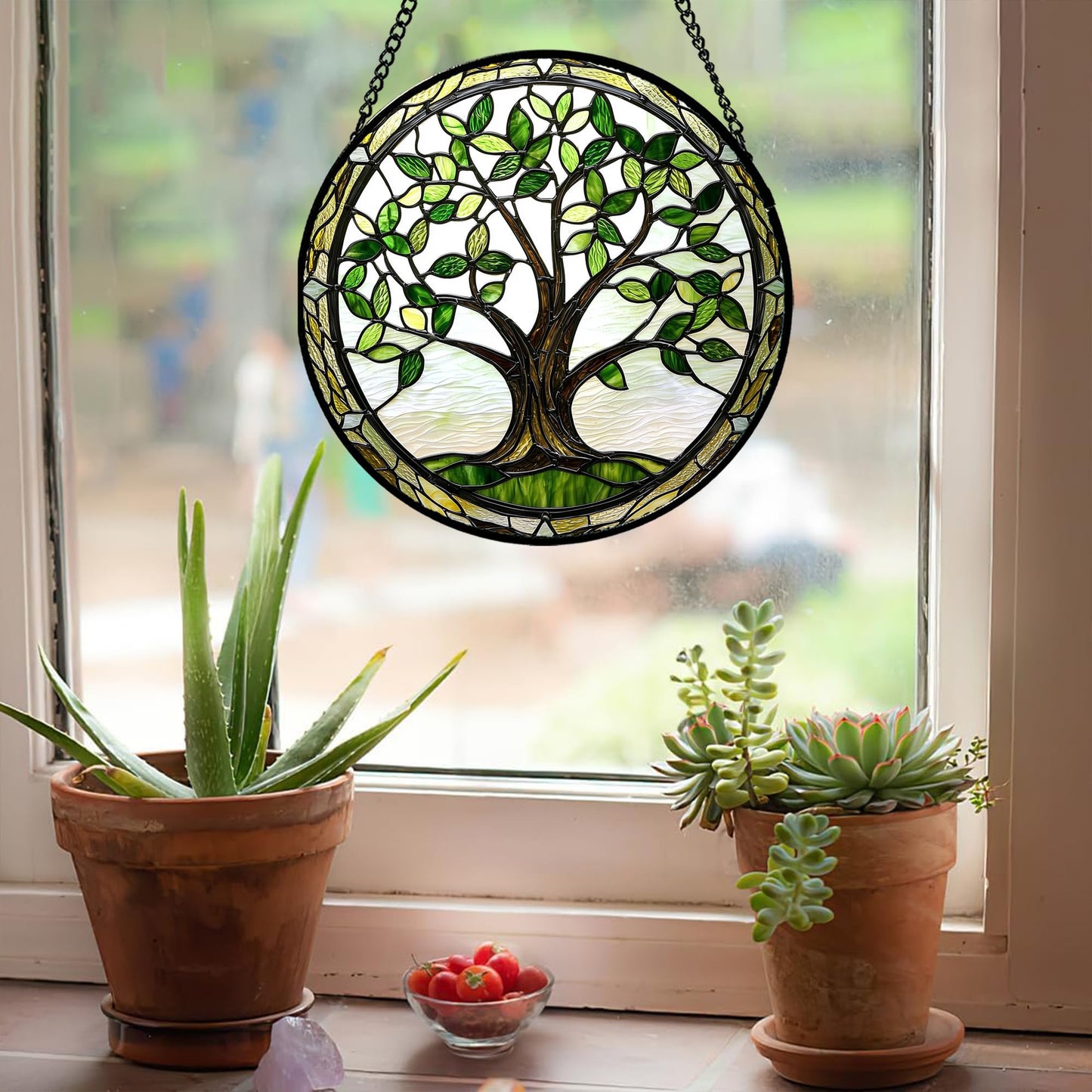 AMDERVEN Stained Glass Window Hanging - Brown Tree Trunk Green Leaves Sun Catcher for Door Garden Home Decor Plant Suncatcher Christmas Mother's Day Birthday Gifts for Women Men Mom Nana 7.8 in