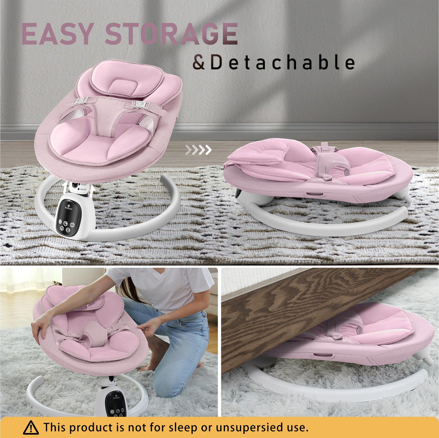 T TICCI Baby Swings for Infants, Smart Portable Baby Swing for Newborn, Bluetooth Infant Swing with Music Speaker, Remote Control Indoor Rocker with 5 Sway Speeds, 0-6 Months, Pink