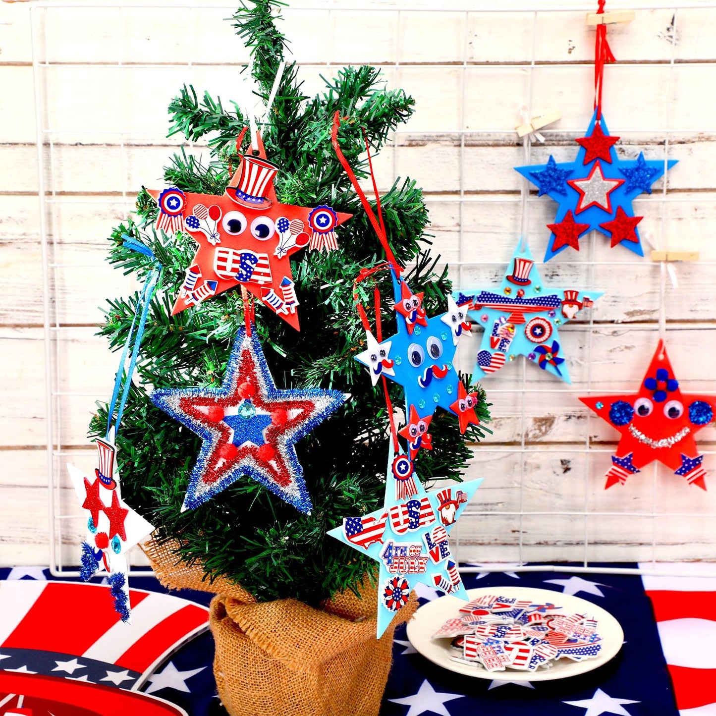 JULBEAR 418pcs 4th of July Star Foam Craft, Patriotic Self-Adhesive Glitter Foam Stickers Crafts Kit for Independence Day Patriotic Party Favors Kids Classroom Activity Decorations Supplies