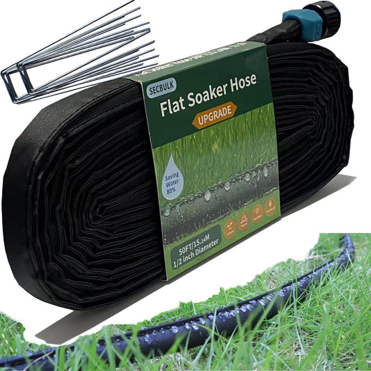 Secbulk 2026 Flat Soaker Hose 50 ft with Stakes for Garden, 50ft Linkable Drip Hose Diy Garden Irrigation System Saving 80% Water, Dual-layer Leak-free Design Water Hose with Holes