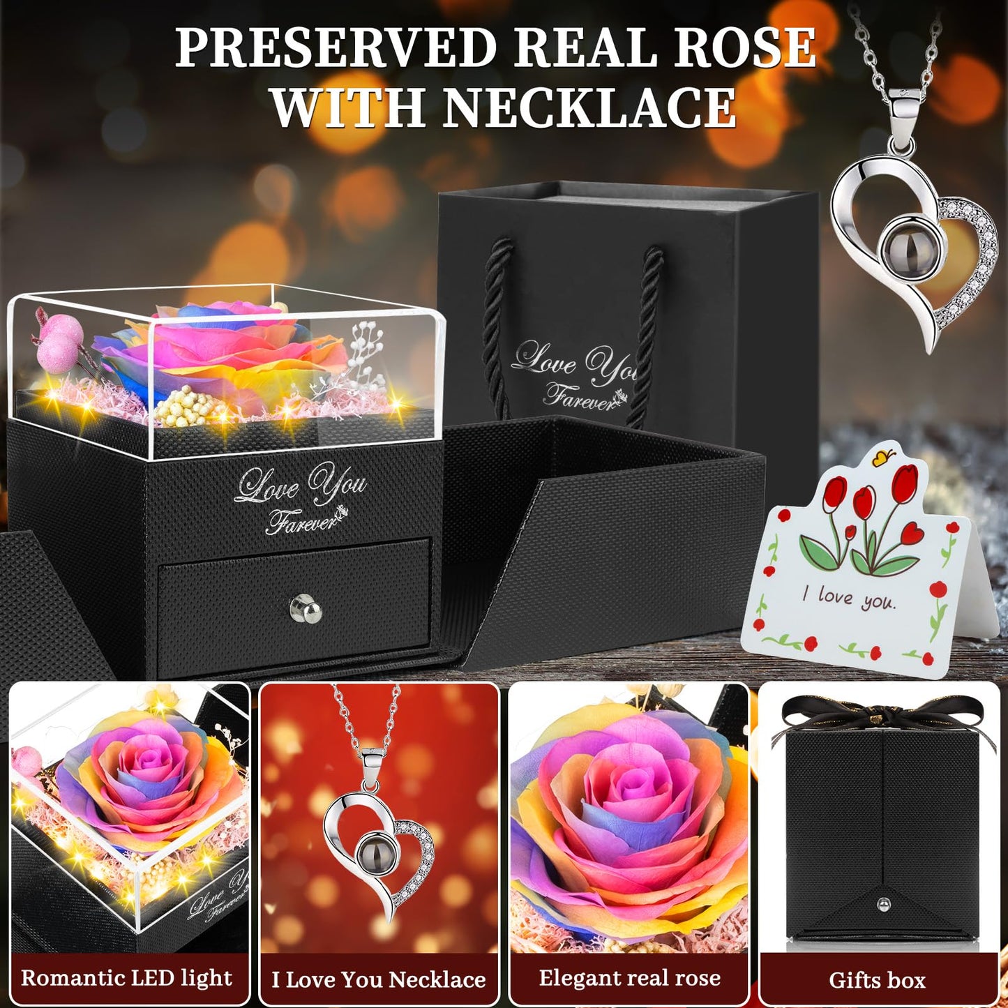 Preserved Color Real Rose Eternal Flowers Rose Gifts for Mom Grandma Wife Girlfriend Gifts for Her Christmas Birthday Anniversary with I Love You Necklace
