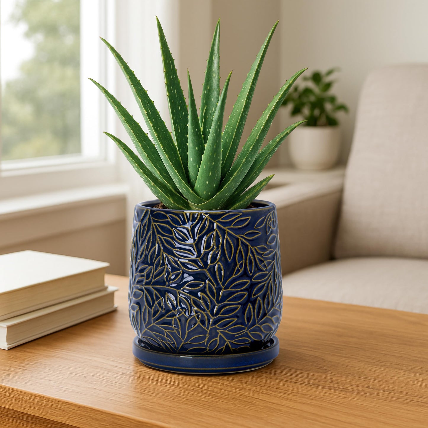 D'vine Dev 5 Inch Embossed Leaves Stoneware Planter Pot with Drainage Hole and Saucer, Midnight Blue, Set of 2, 27-F-V-3