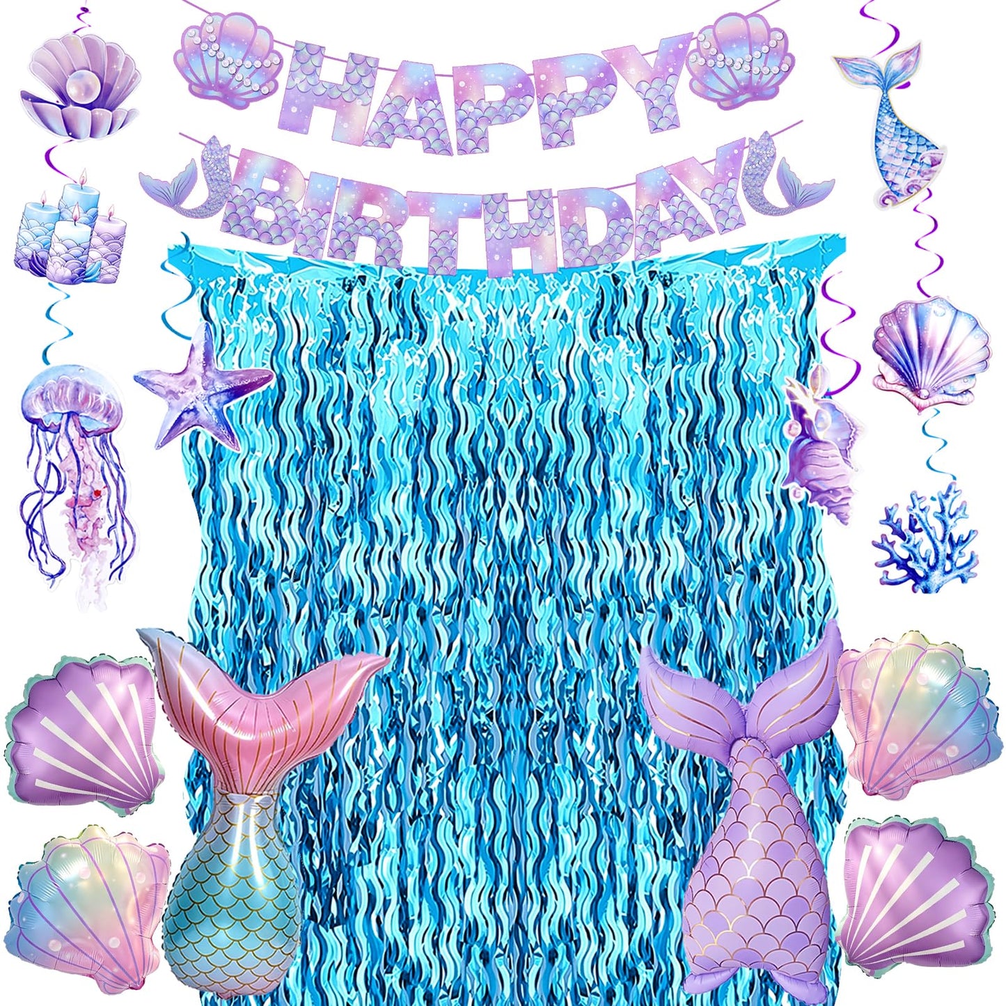 Mermaid Birthday Party Decorations, Under the Sea Party Supplies with Light Blue Wavy Tinsel Curtain, Happy Birthday Banner, Hanging Swirls,Shell Tail Foil Balloons for Girls Birthday
