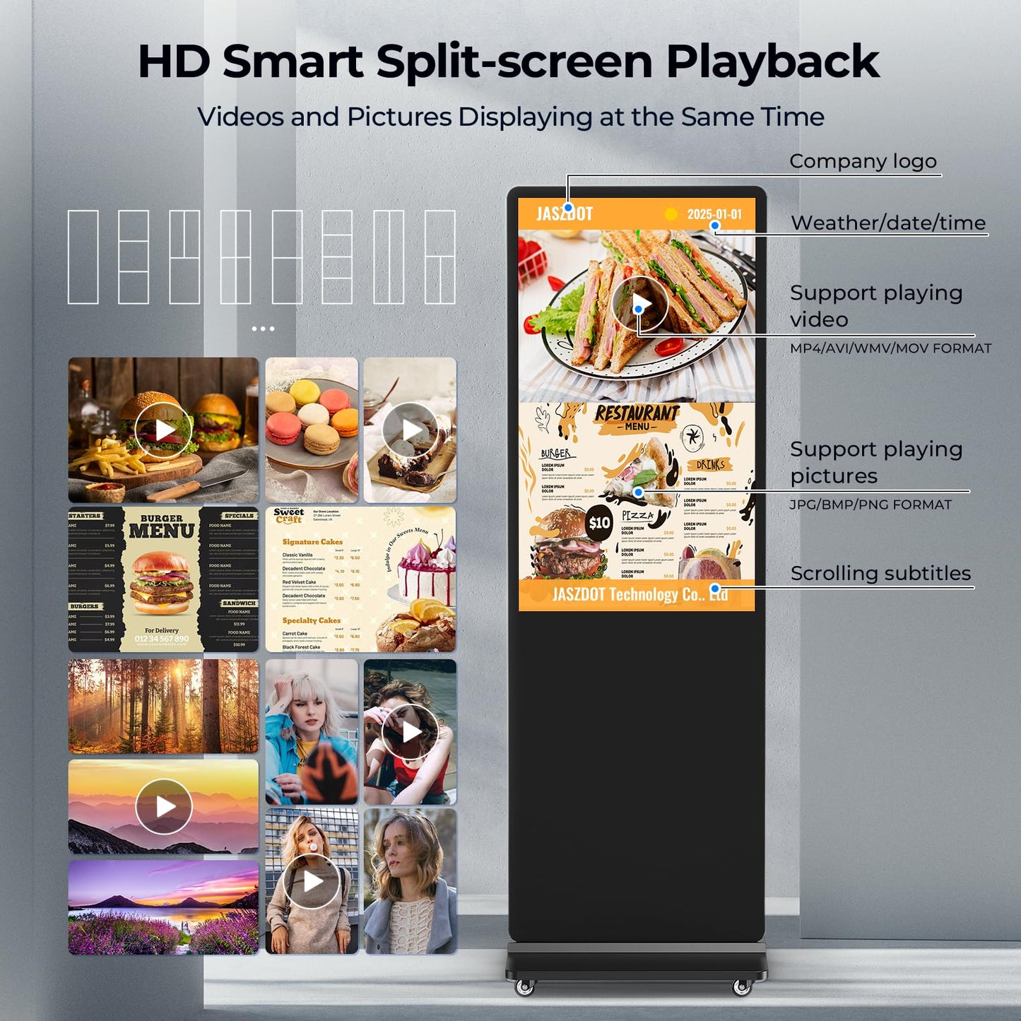 JASZDOT 32/43/55/65 Inch Digital Signage Display, LCD Screen Advertising Display Kiosk Interactive Totem Floor Standing Auto AD Player with USB/HDMI/WiFi Android OS (32'' Non-Touch)