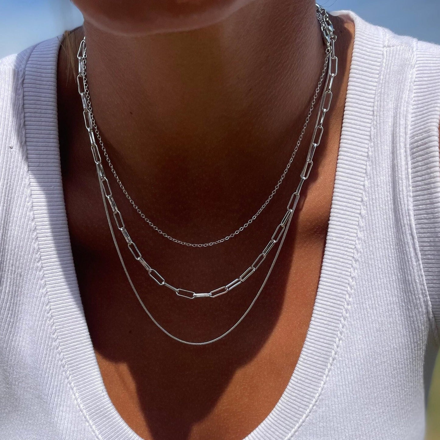 Freekiss Silver Necklace for Women: Layered 14K Silver Plated Necklaces Dainty Paperclip Box Chain Necklace Chunky Choker Necklace Set Silver Jewelry for Women Gifts