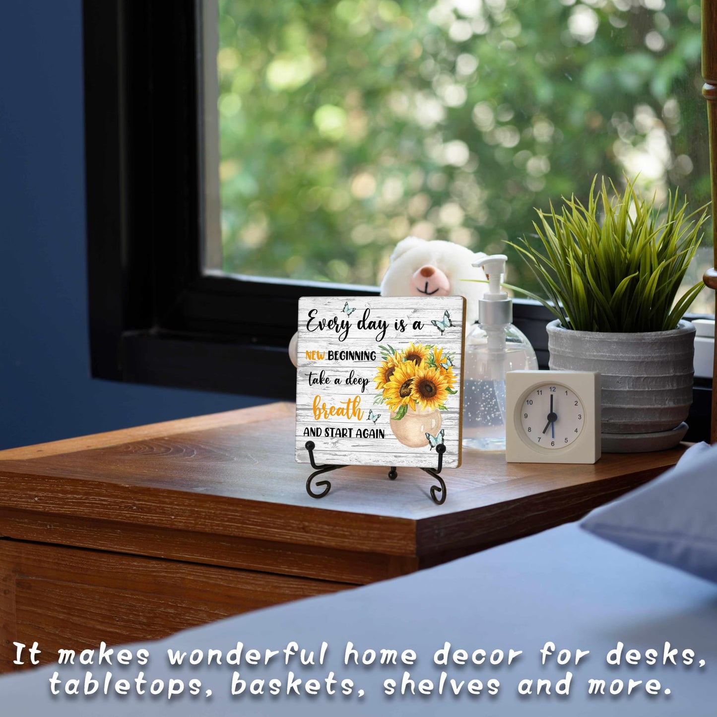 Motivational Gifts Wood Decor Sign, Inspirational Sunflower Wooden Rustic Farmhouse Decor with Stand for Home Desk Tabletop Shelf Decorations (A12)