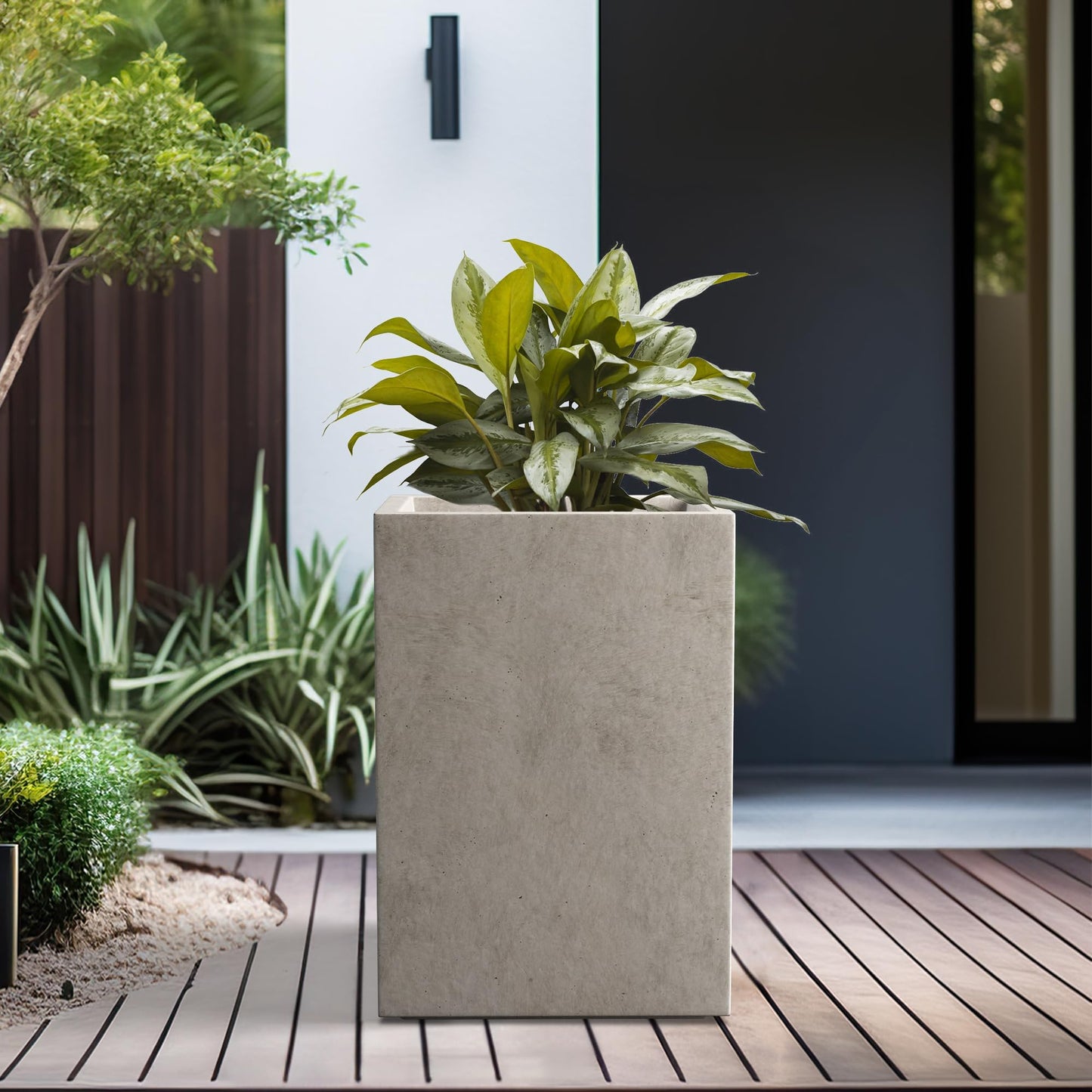 Kante 15.7" H Tall Rectangular Concrete Planters, Outdoor Indoor Lightweight Plant Pots with Drainage Hole and Rubber Plug, Modern Style for Home Garden Patio, Weathered Concrete