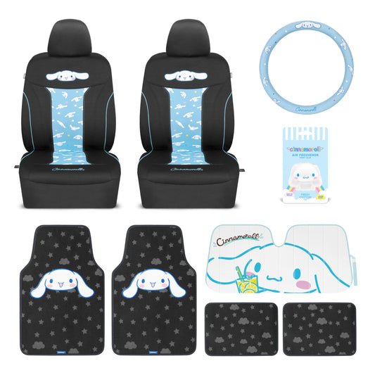 Carbella Cinnamoroll Car Seat Covers, Car Floor Mats, Steering Wheel Cover, Windshield Sun Shade for Car Gift Pack Car Air Freshener Black and Blue Hello Kitty Car Accessories for Women 9pc Combo