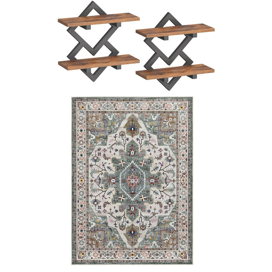 HOOBRO 15" Floating Shelves for Wall and 5 x 7 ft Area Rugs Washable Bundle, for Living Room Bedroom Kitchen, BF14BJP201-GN03AR01