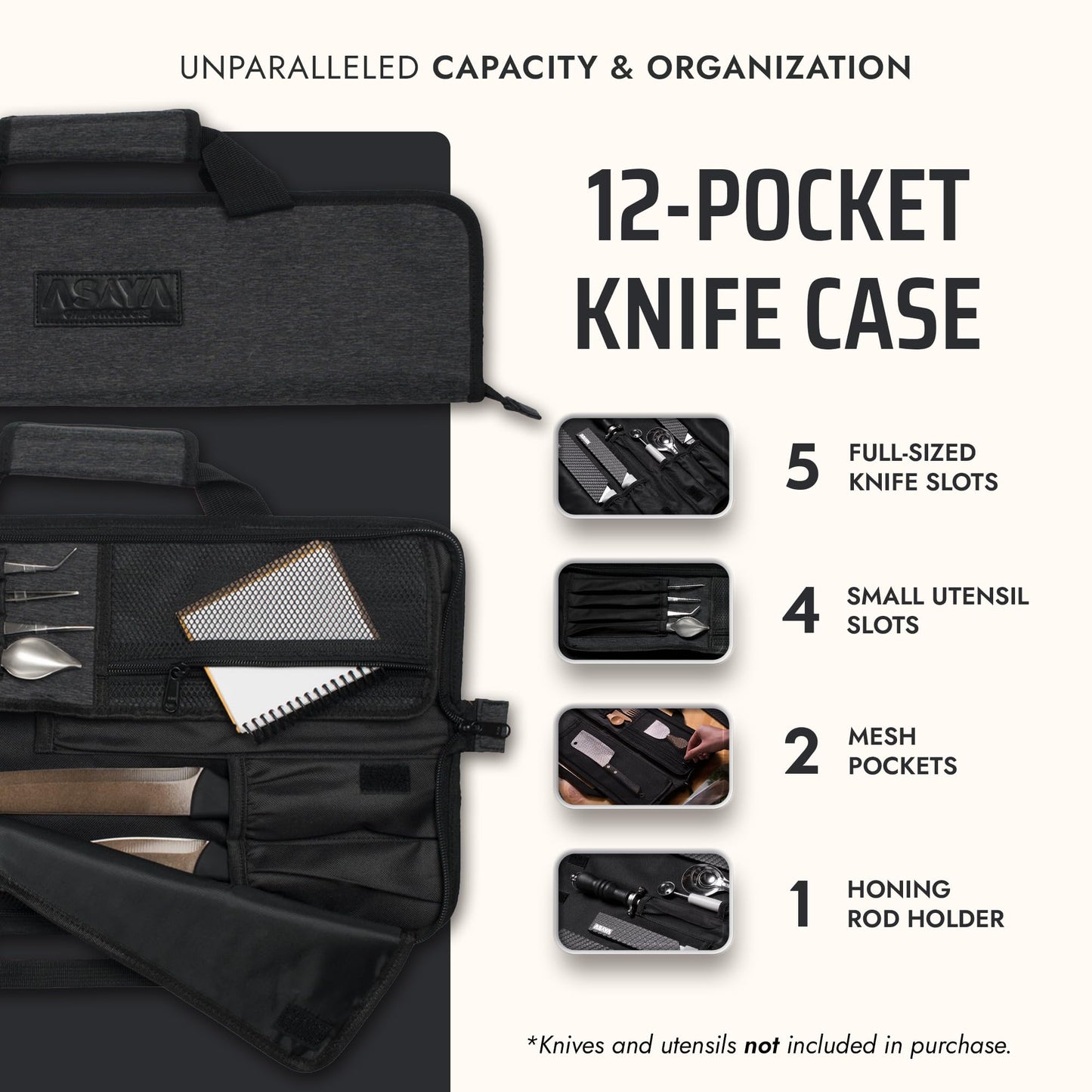 Asaya Chef Knife Roll Bag - 12-Pocket Chefs Case for Kitchen Knives and Utensils, Lightweight Stain-Resistant Waxed Nylon Chef Knife Bag - Knives Not Included (Black)