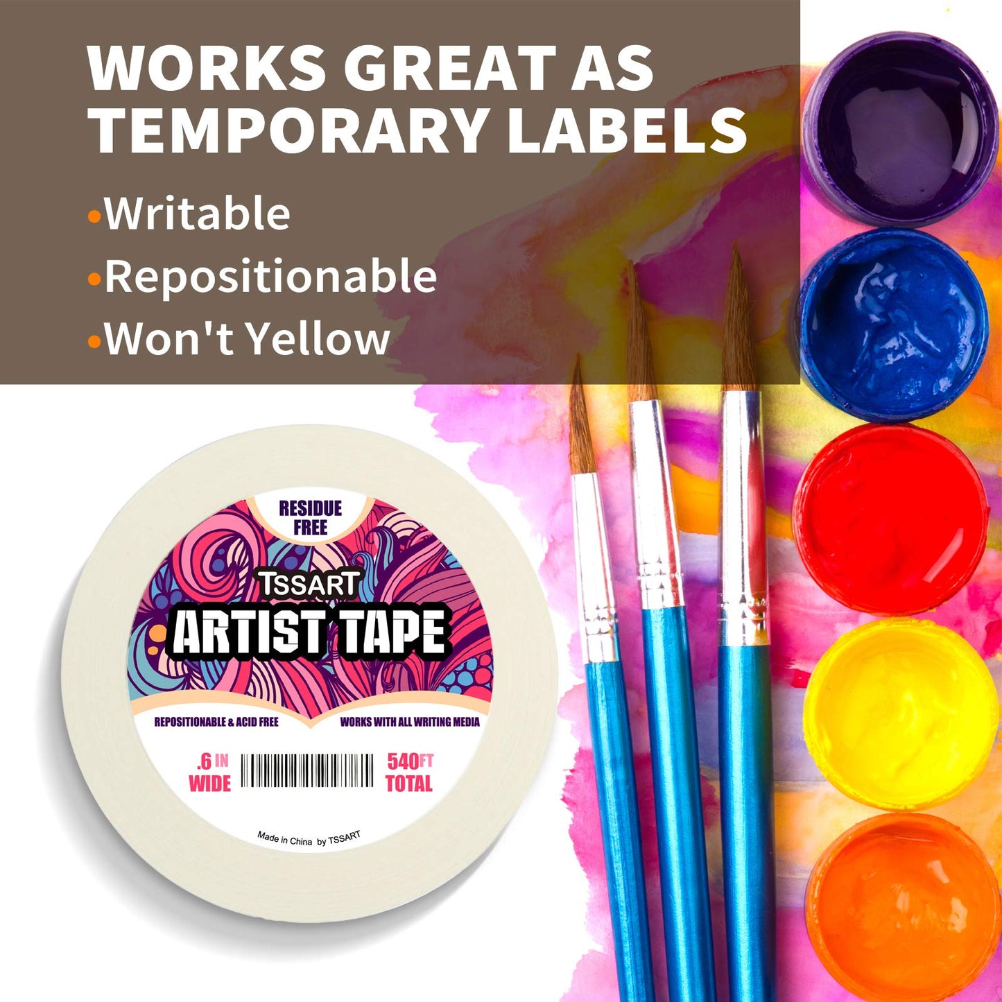 TSSART 3 Pack White Artist Tape - Masking Artists Tape for Drafting Art Watercolor Painting Canvas Framing - Acid Free 0.6inch Wide 540FT Long Total