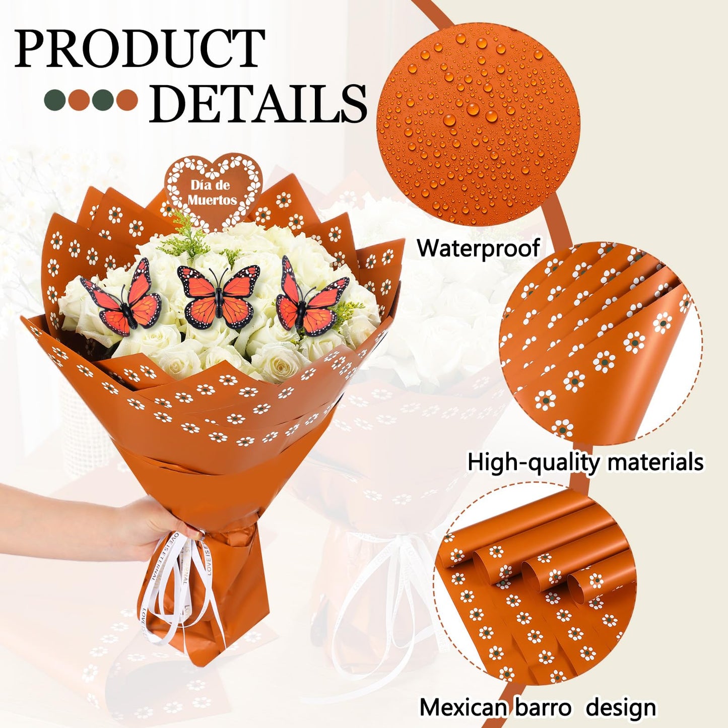 Fullhawl 20 Sheet Mexican Bouquet Floral Wrapping Paper with 10 Monarch Butterflies Waterproof Wrap for Mother's Day Wedding Birthday Baby Shower & Cinco de Mayo Party Gift Flower DIY Packaging