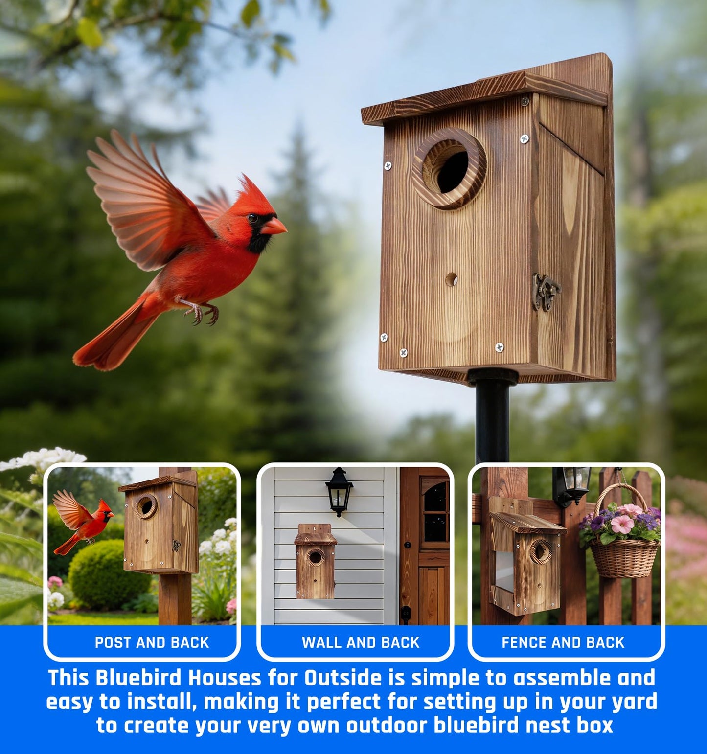 Zxweqr Natural Wood Birdhouse for Outside, Wooden Nesting Box with Circular Entrance Hole and Perch， Blue Bird Houses for Outdoors with Clear View Panel & Predator Guard for Blue Robin, Wren, Swallow