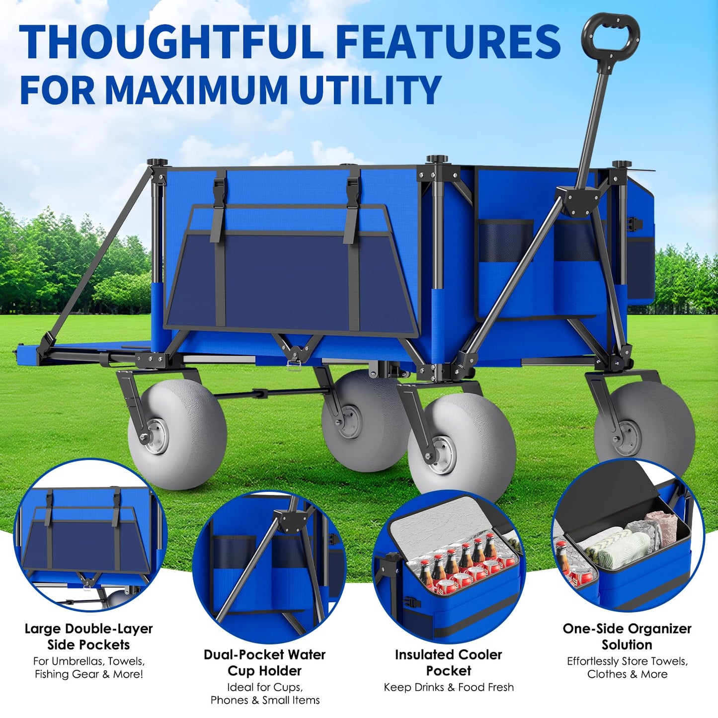 Beach Wagon with Big Wheels for Sand - 450lbs Load Heavy Duty Wagons Carts Foldable with 9" All Terrain Inflatable Tires, Collapsible Beach Cart for Grocery Shopping Garden Sports Camping Outdoor