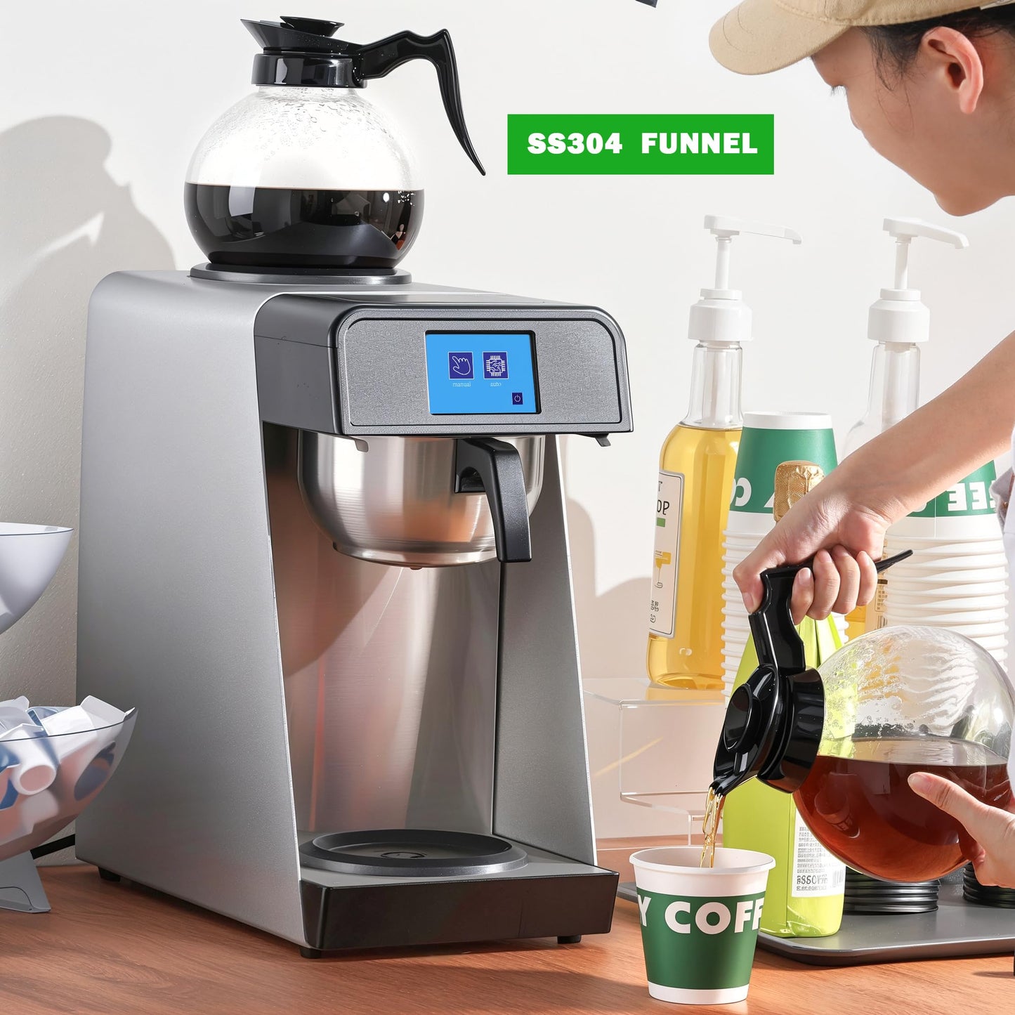 NUPANT 12-Cup Commercial Drip Coffee Maker 1.8L Auto Filling Pour Over Coffee Machine with 2 Glass Carafes, 2 Warmers, LCD Panel, Automatic Stainless Steel Coffee Brewer for Cofe Bar and Restaurant