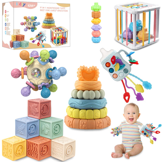 Baby Toys 0-6-12 Months,Montessori Toys for babise 0-6-12-18 Months,Incl Pull String Toy & Shape Sorter & Stacking Building Block & Manhattan ball & Baby Blocks，montessori baby toys for 1 + year