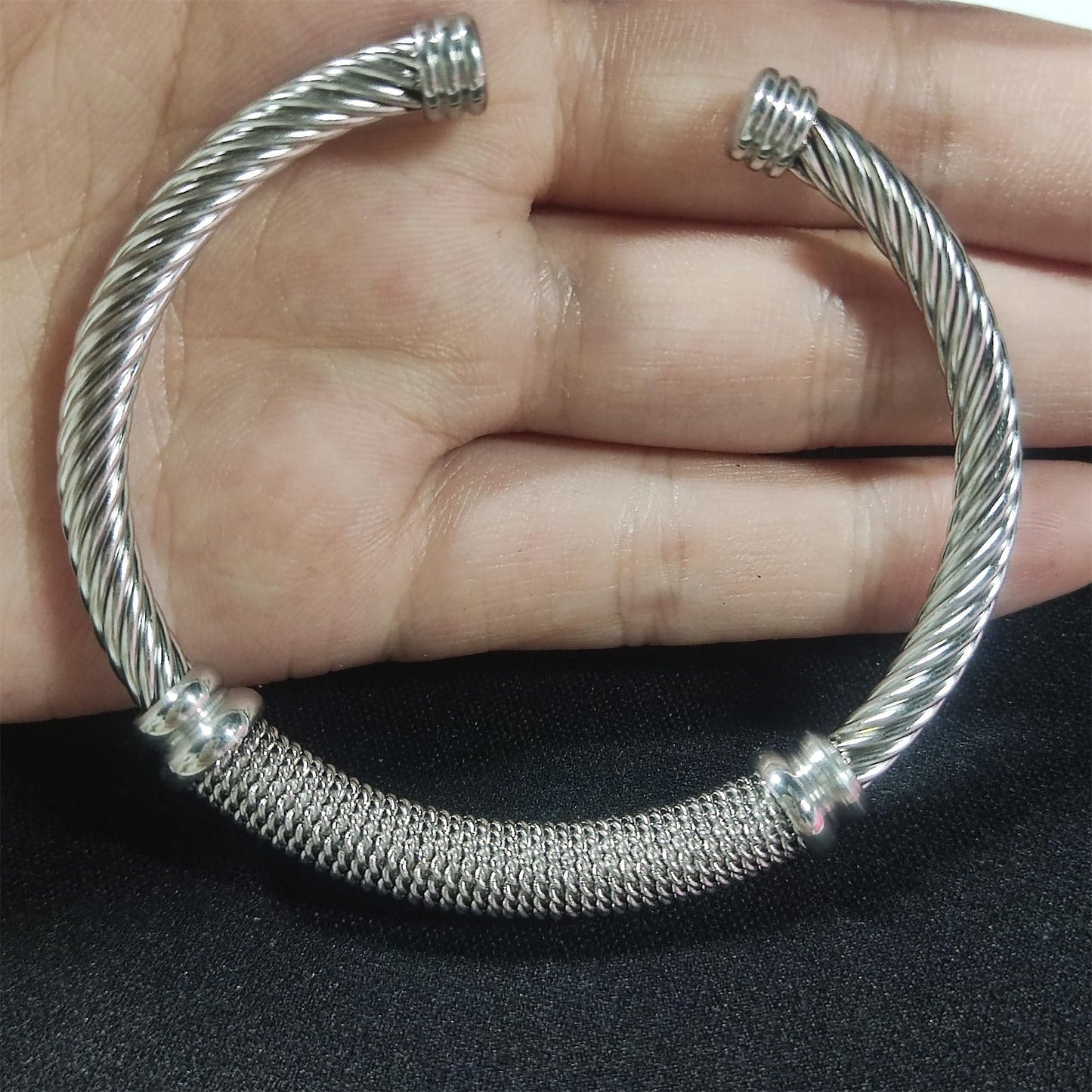 MENGSHA Punk Silver Twisted Cable Cuff Bracelet for Men/Women Durable Stainless Steel Chunky Bangle Bracelet Adjustable Opening,Daily Wear & Outdoor Adventure Unisex Jewelry Gift for Him/Her