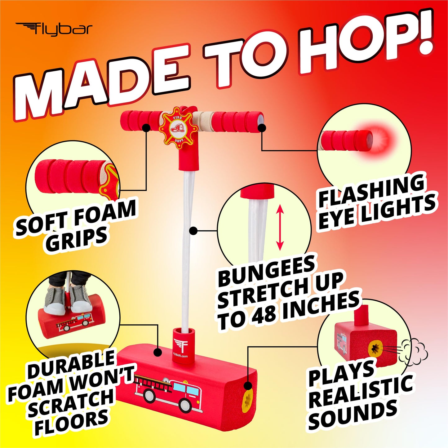Flybar My First Foam Pogo Jumper for Kids Fun and Safe Pogo Stick for Toddlers, Durable Foam and Bungee Jumper for Ages 3 and up, Supports up to 250lbs (Red Fire)