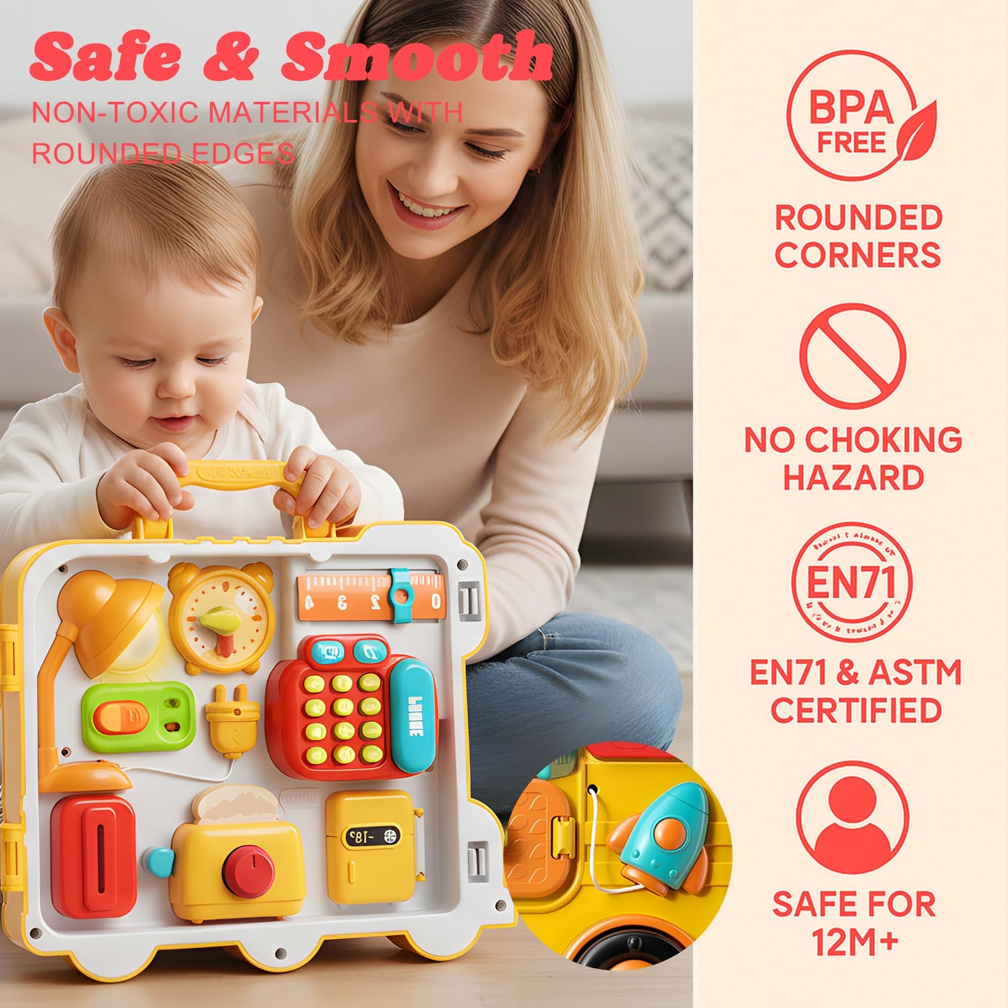 ROHSCE Busy Board for Toddlers 1-3, Montessori Travel Activity Toys with Music, Portable Toddler Activity Board to Develop Fine Motor Skills, Educational Toys for 1 Year Old Boys Girls