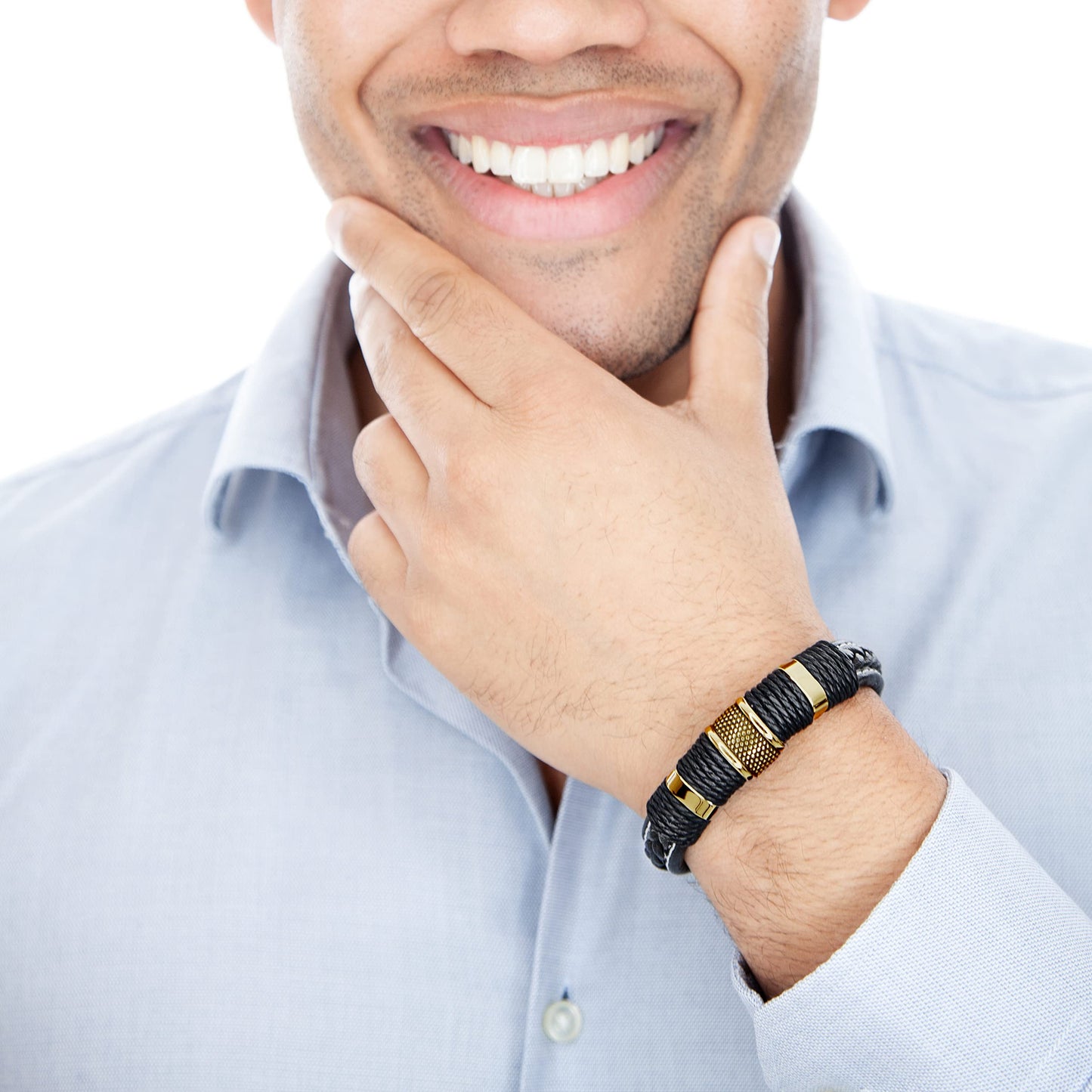 SERASAR Pulsera de oro para hombre 17cm con caja regalo hombre, trenzas piel vaca, cierre magnetico ajustable, joyero multicapa, joyeria cuerda magnetica masculina