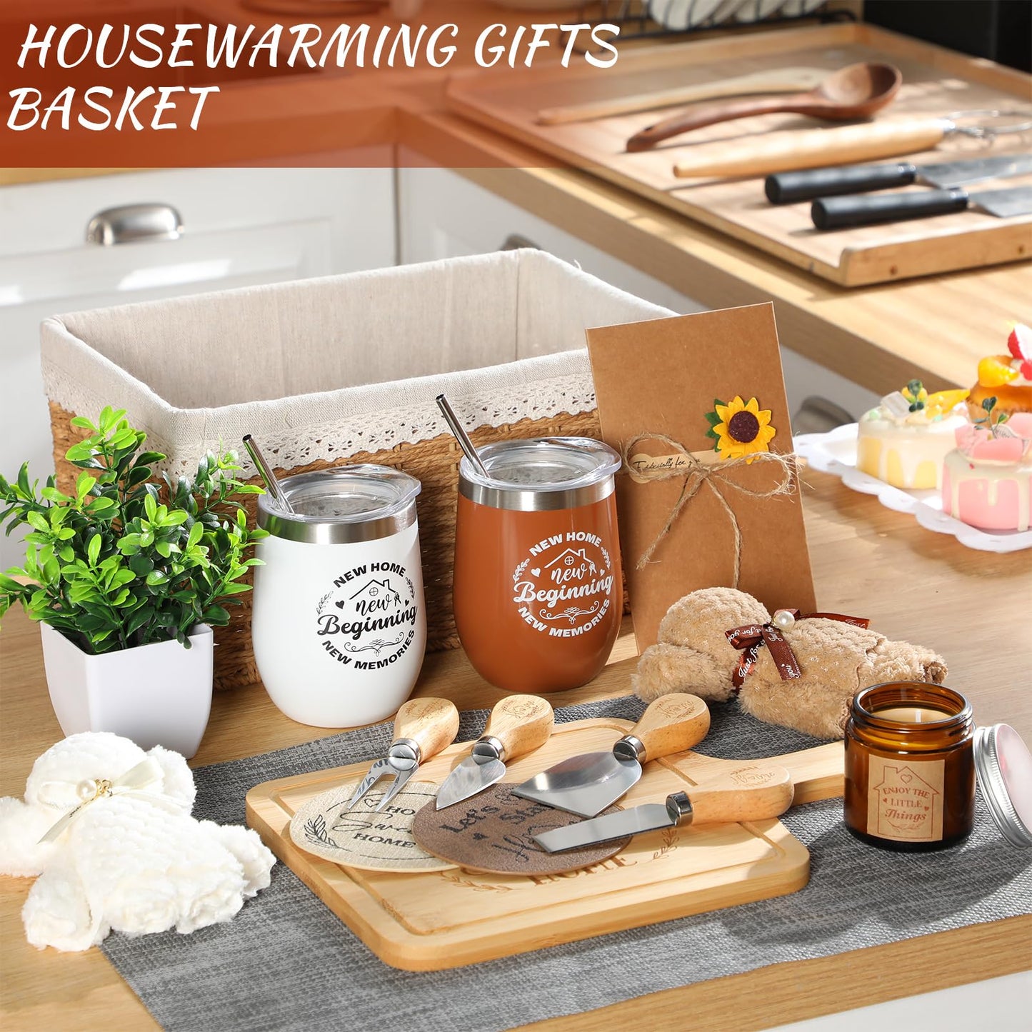 RimCereal House Warming Gifts Basket 21 Pieces Housewarming Gift for New Apartment Closing Gifts for Buyers Couples Women Men New Homeowners Gift Ideas Set(Home,Camel)