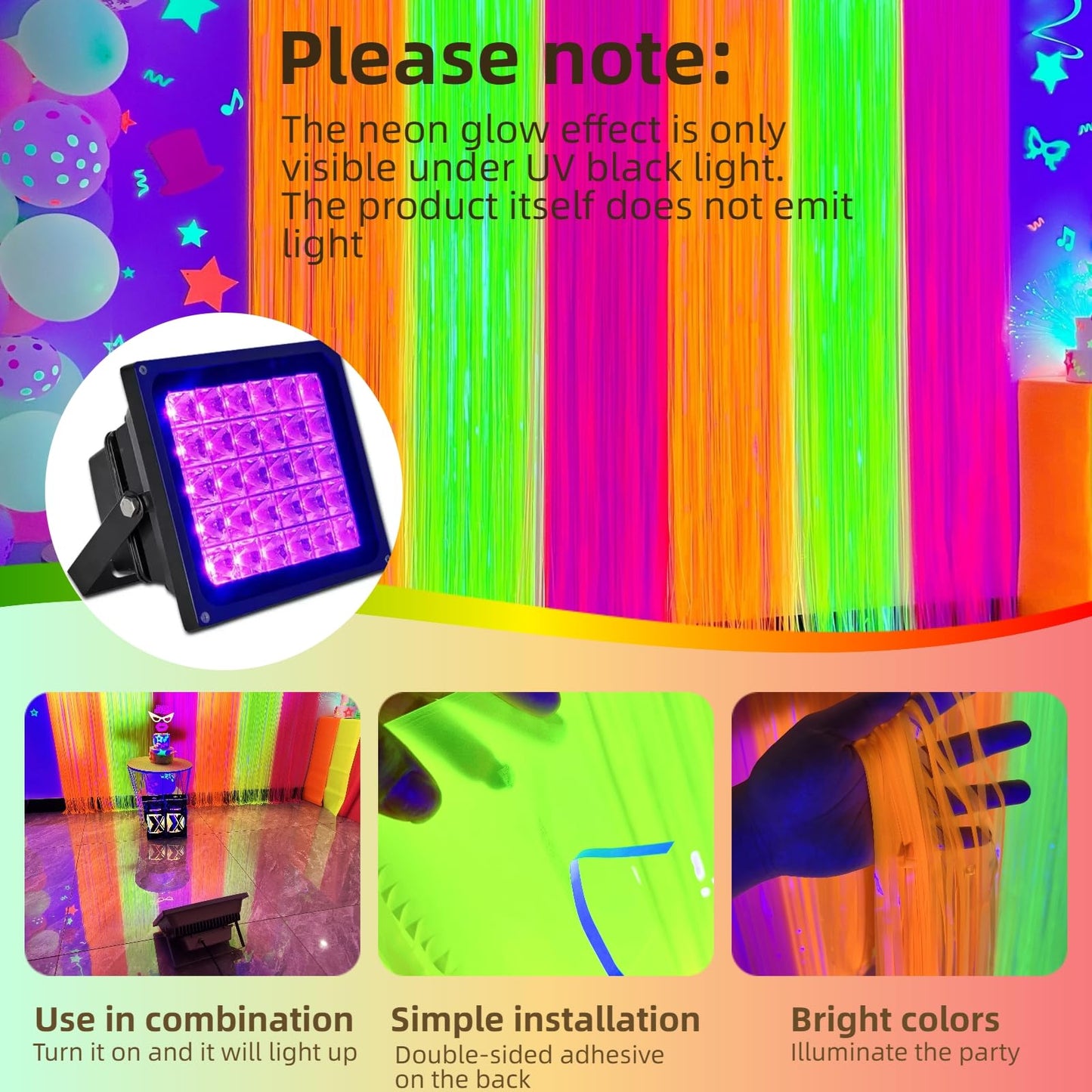 Aduck Glow in The Dark Party Supplies, Neon Party Decorations Foil Fringe Curtains with Tinsel Backdrop(2-Pack), Fluorescent Yellow/Orange/Pink Streamers for Photo Booth Birthday Decorations-6.6x6.6ft