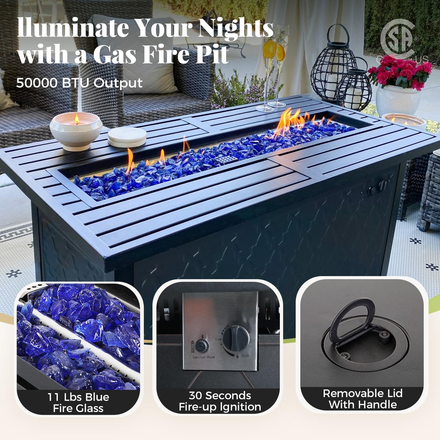 MIXPATIO Patio Furniture Set, 6 Pcs Metal Outdoor Conversation Set, 2 Swivel Chairs, 2 Ottomans and 3 Seater Sofa with 5.75" Extra Thick Cushion and Gas Fire Pit Table, Navy Blue