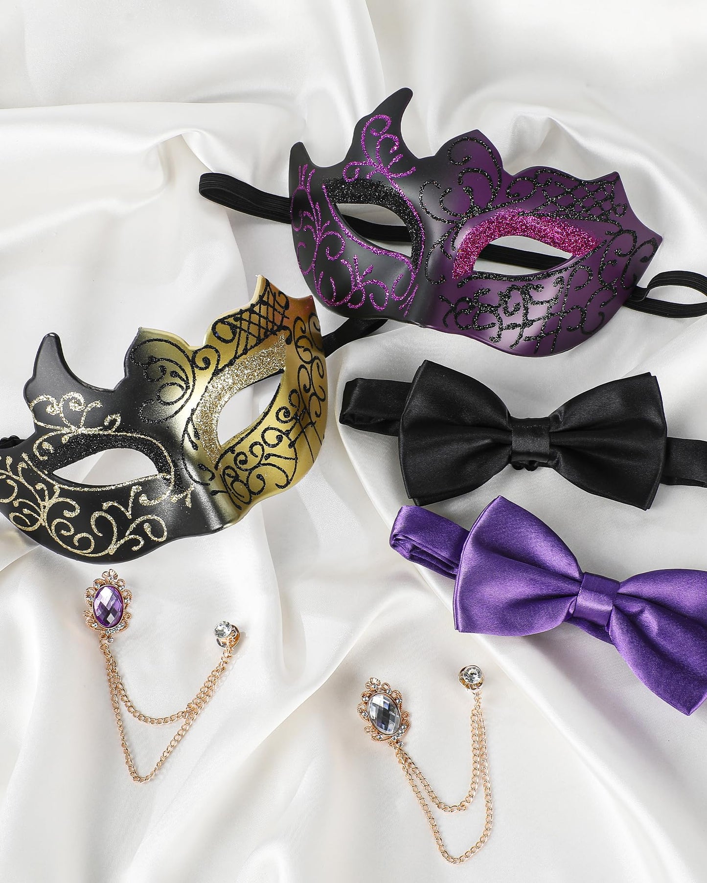 Zinniday 3 Pcs Masquerade Mask for Men, Black Gold Opera Venetian Mask Set with Rhinestone Brooch Bowtie, Opera Half Face Masks Kit for Man Halloween Prom Renaissance Carnival Party Accessory