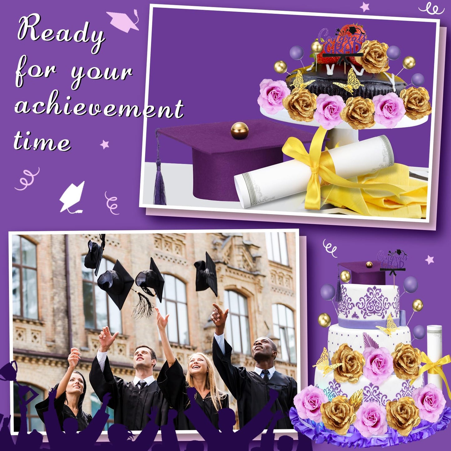Jingmore Graduation Cake Kit Included Felt Graduation Cap Diploma Classic Black Congrats Grad Cupcake Toppers Beads Leaf Flowers Cake Decorations for Class of 2026 Party(Purple and Gold)