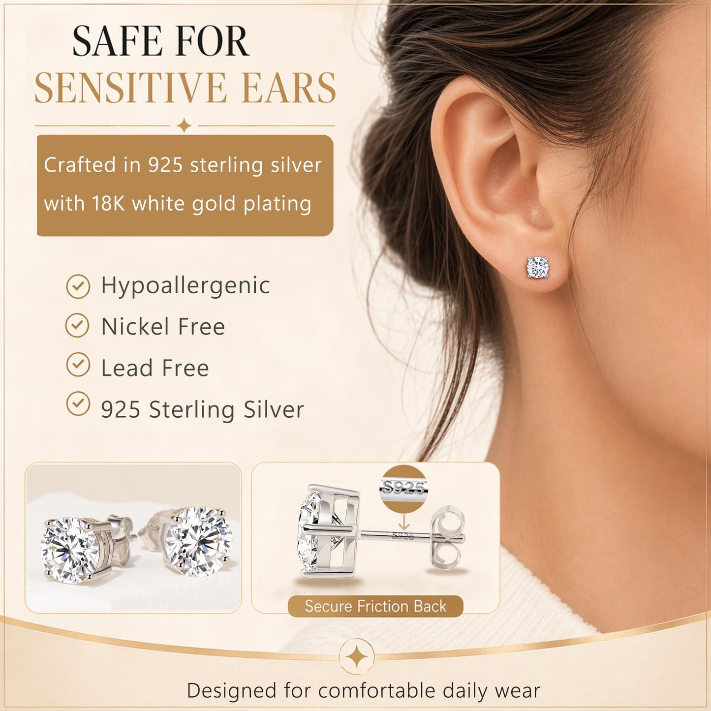 Impalsory Moissanite Stud Earrings 0.3CT 4mm for Women Men, 925 Sterling Silver Hypoallergenic Earrings, 18K White Gold Plated, Secure Friction Back, Brilliant Round Cut D Color VVS1