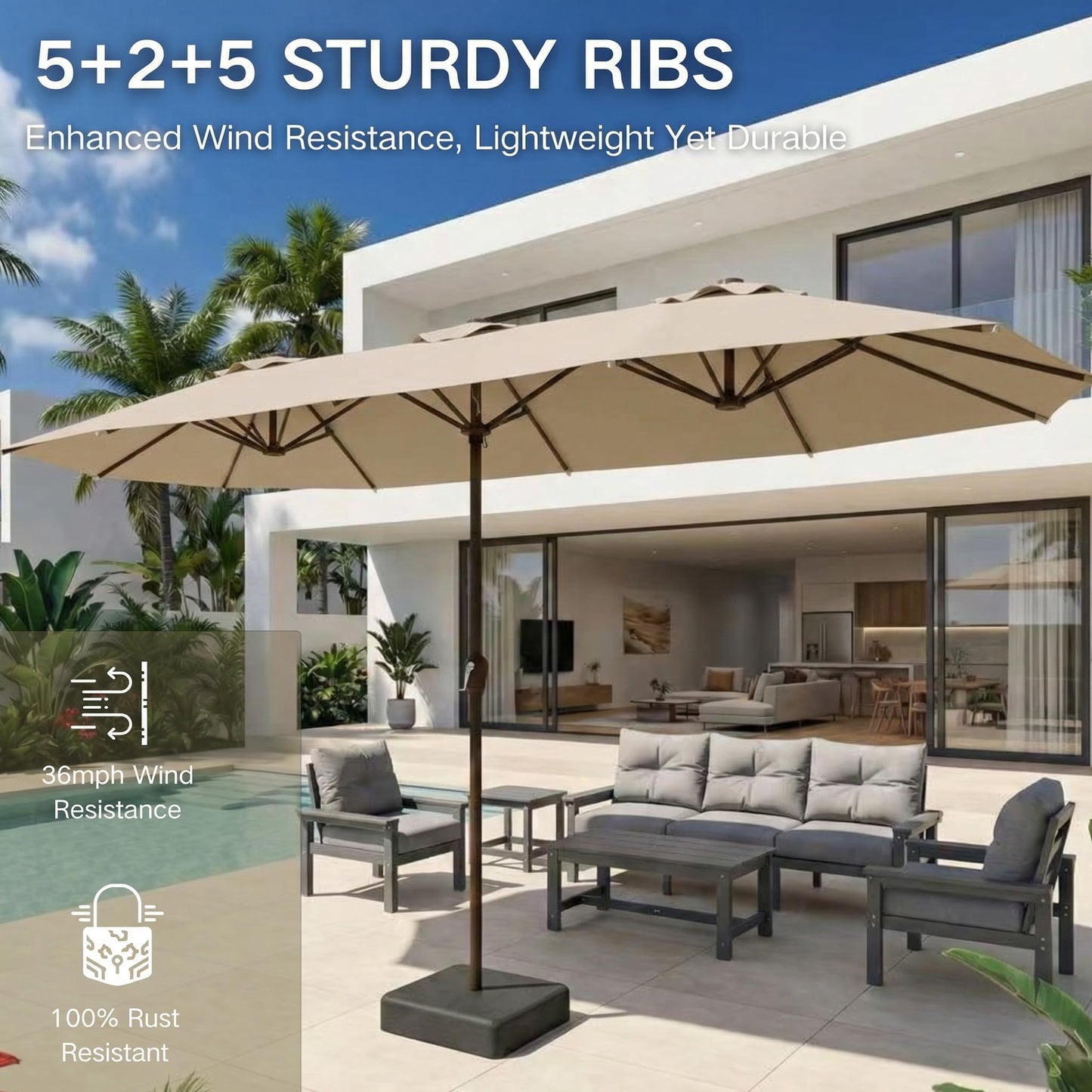 Kingdura 15ft Large Patio Umbrella with Base Included, Double-Sided Rectangle Outdoor Table Umbrella with 12 Reinforced Ribs, Crank Lift for Market Pool Deck Backyard, Beige