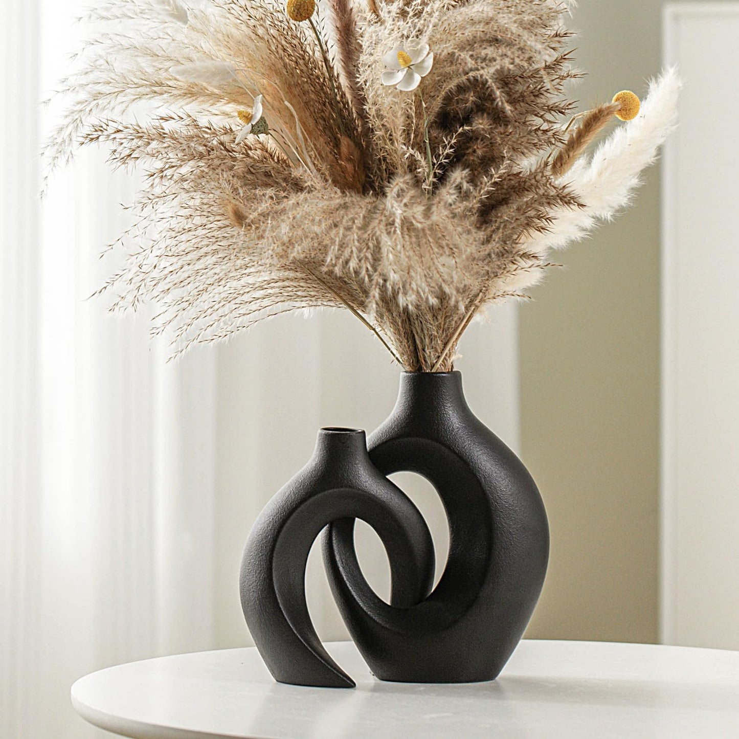 Snuggle Hollow Modern Ceramic Vase Set of 2, Mid Century Nordic Aesthetic Decorative Vase Decorative Vases for Home Table Decor (Matte Black W 6.3" X H 8.4")