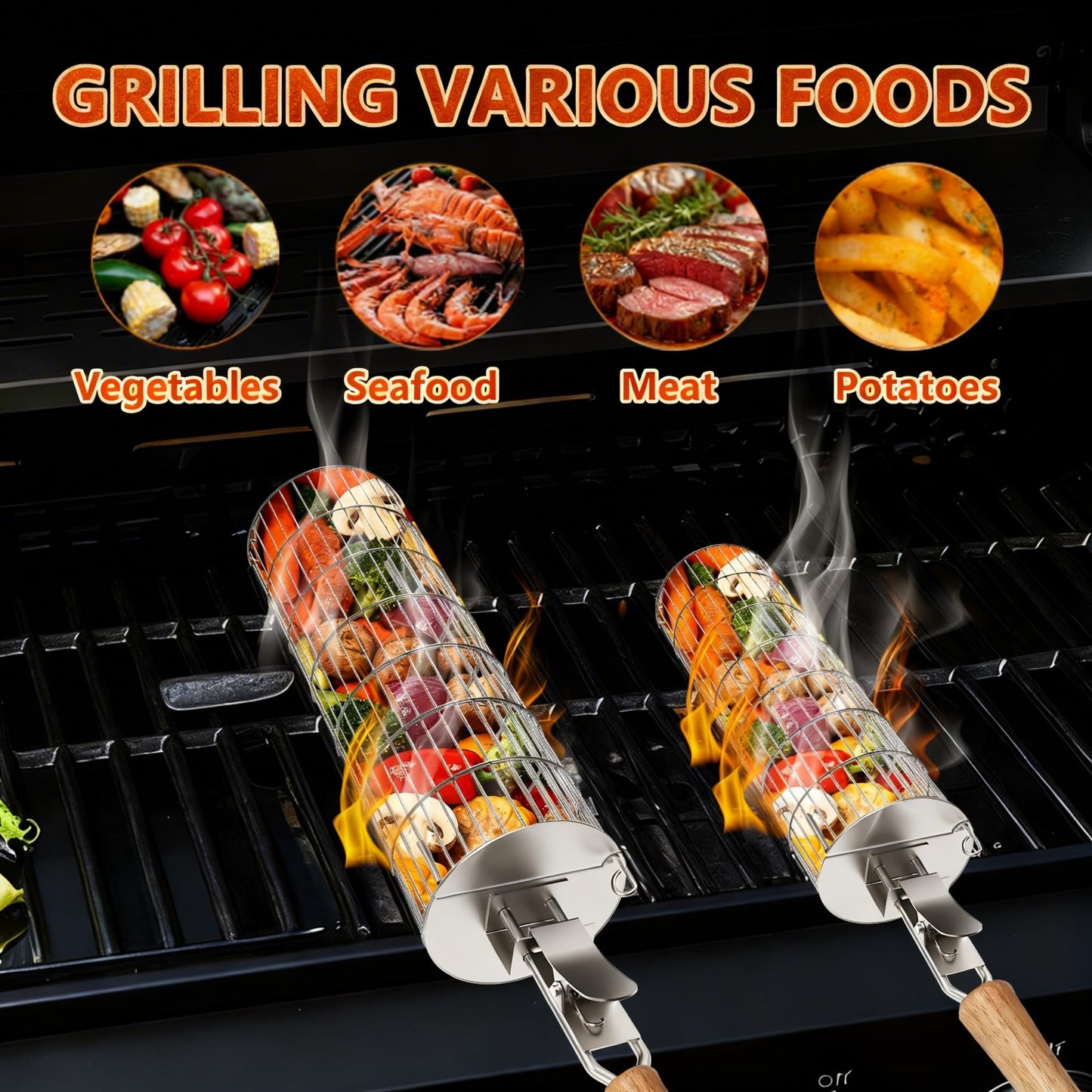 2-Pack Rolling Grill Basket with Detachable Handle, Upgraded Easy-Open Vegetable Grill Basket Set, 304 Stainless Steel BBQ Grilling Basket for Outdoor Grill Veggies, Fish, Meat- Gift for Men/ Dad/ Husband