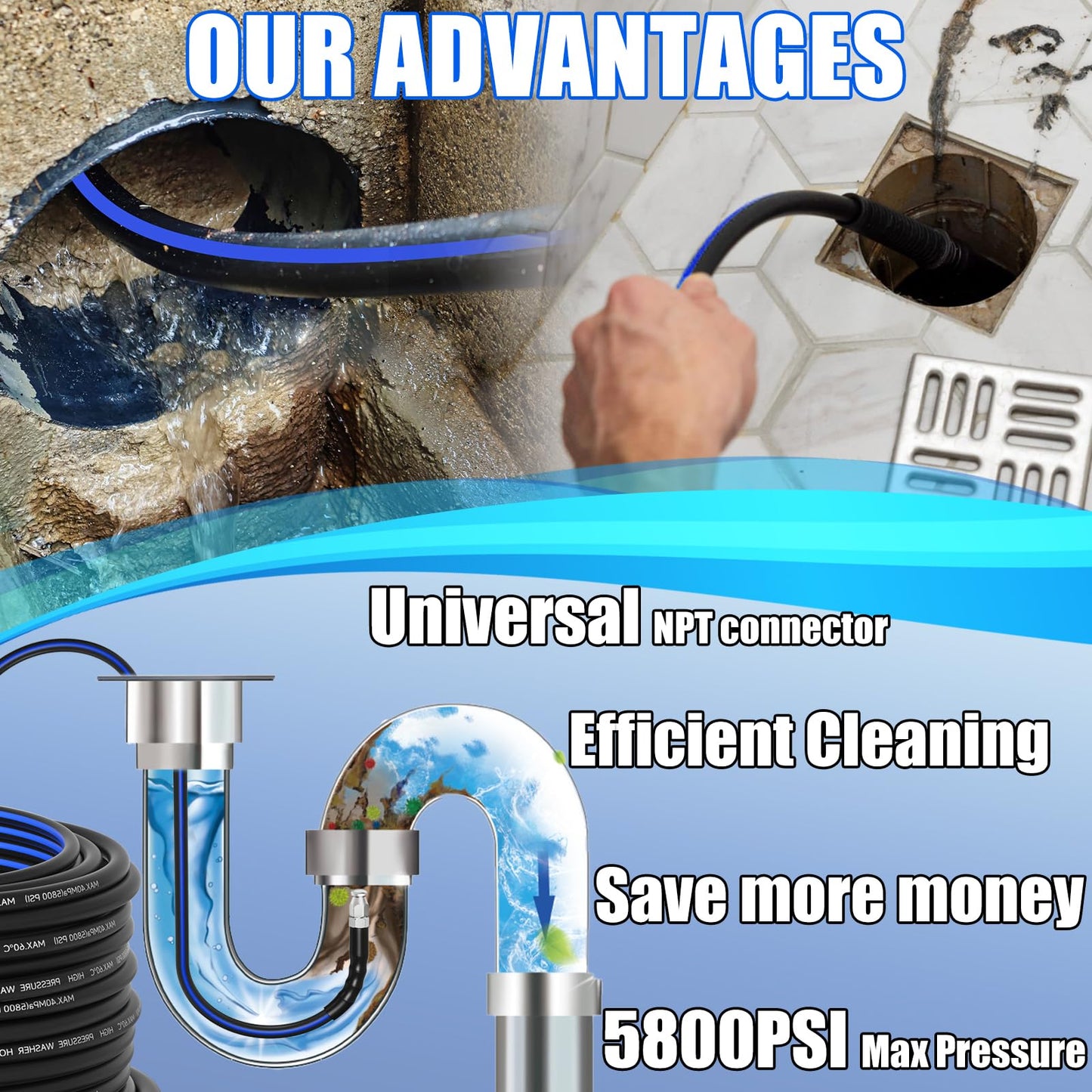 VIVIDWASH Sewer Jetter Kit for Pressure Washer(100FT),1/4" NPT Drain Cleaner Hose 5800PSI with 3 Sewer Jet Nozzles，Pearl Corsage Pin，Marking Ring,Spray Nozzle，Teflon Tape&Gloves