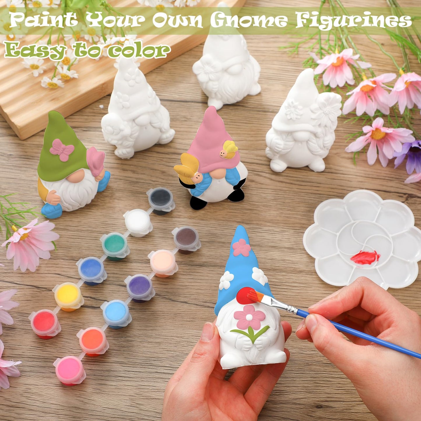 Poen 6 Sets Ready to Paint Your Own Ceramic Gnome Statues Spring DIY Unpainted Ceramics Gnome Figurines Kit Spring Crafts Gifts Drawing Figurines DIY Art and Craft with Brush Palette Paint for Adult