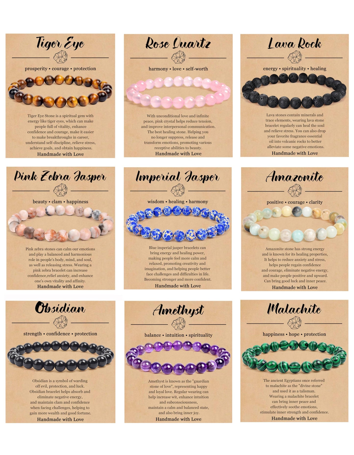 BOMAIL 9PCS Natural Crystal Bracelets for Women Men - 8mm Semi-Precious Gemstone Beaded Bracelets, Round Gemstones Stretch Bracelet, Yoga Bracelets Jewelry