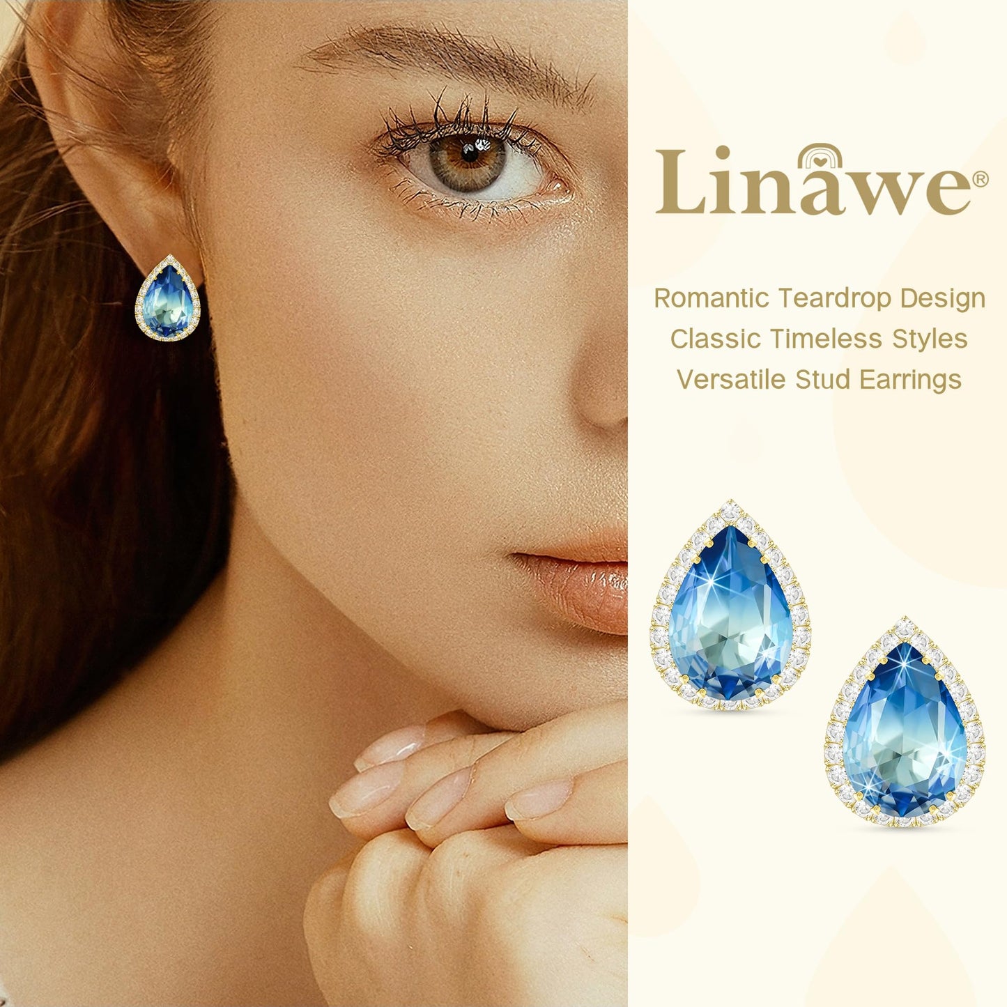 Linawe Aquamarine Blue Stud Earrings for Women Trendy, 14K Gold Cubic Zirconia Earrings Studs, Imitation Diamond Rhinestone Crystal Iridescent Cute Earrings Piercing Jewelry Set